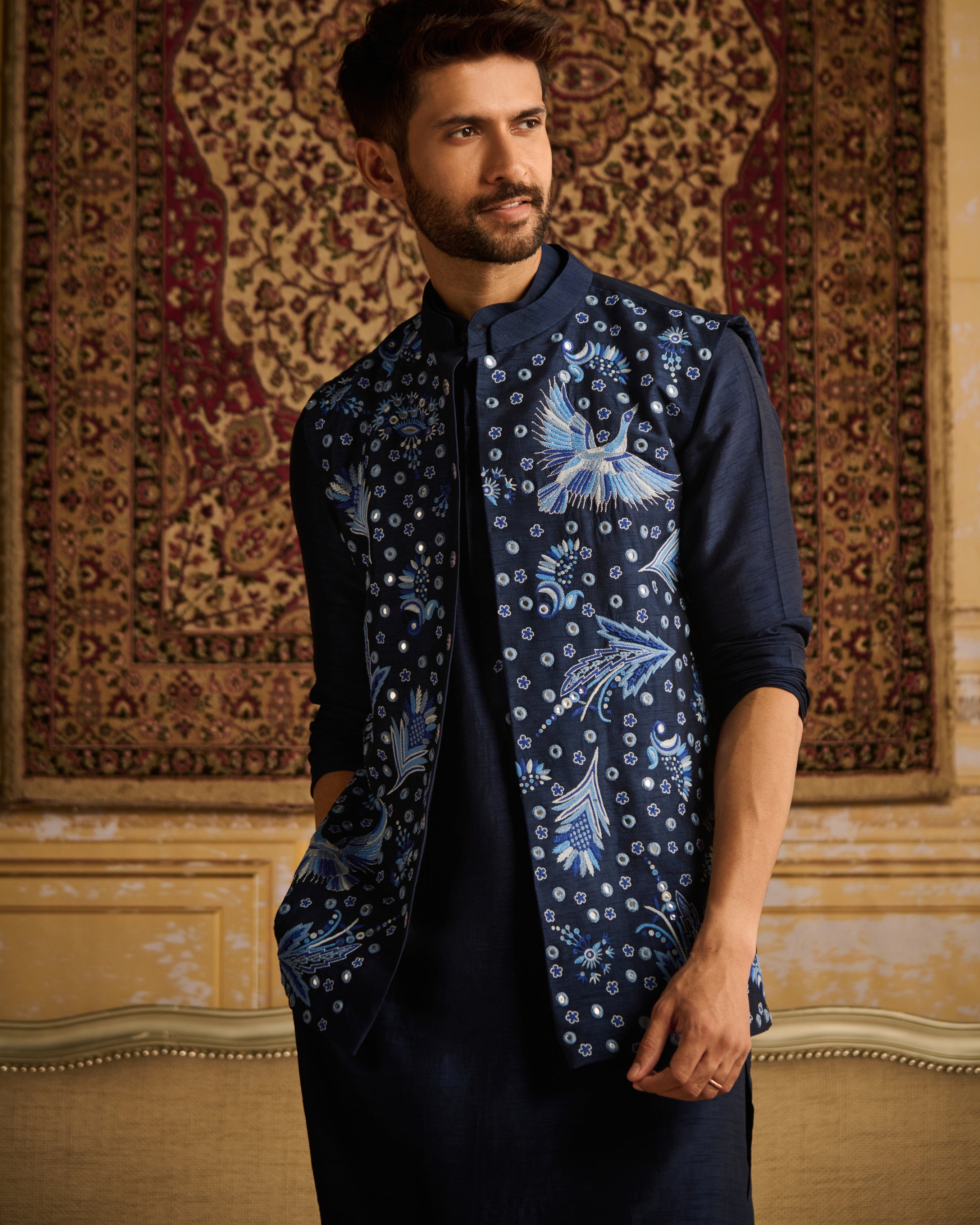 Dark Blue Cosmic Floral Embroidered Kurta With Dark Blue Pants