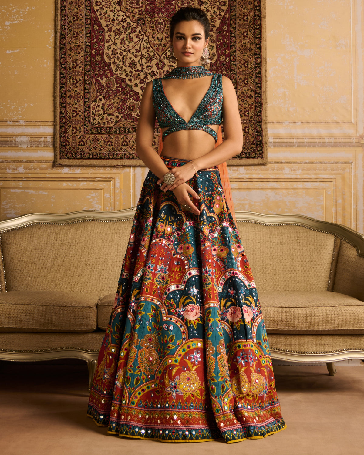 Teal Embroidered Blouse And Lehenga Set