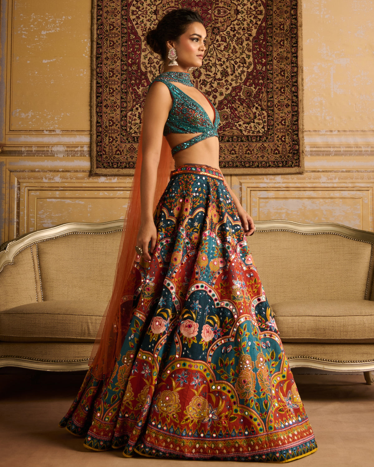 Teal Embroidered Blouse And Lehenga Set