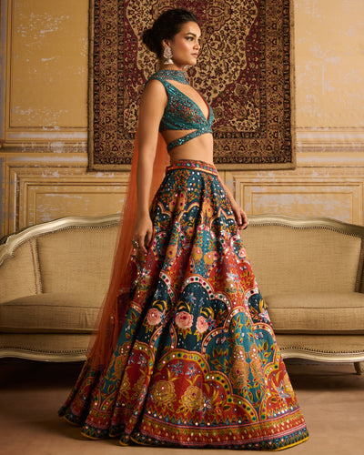 Teal Embroidered Blouse And Lehenga Set