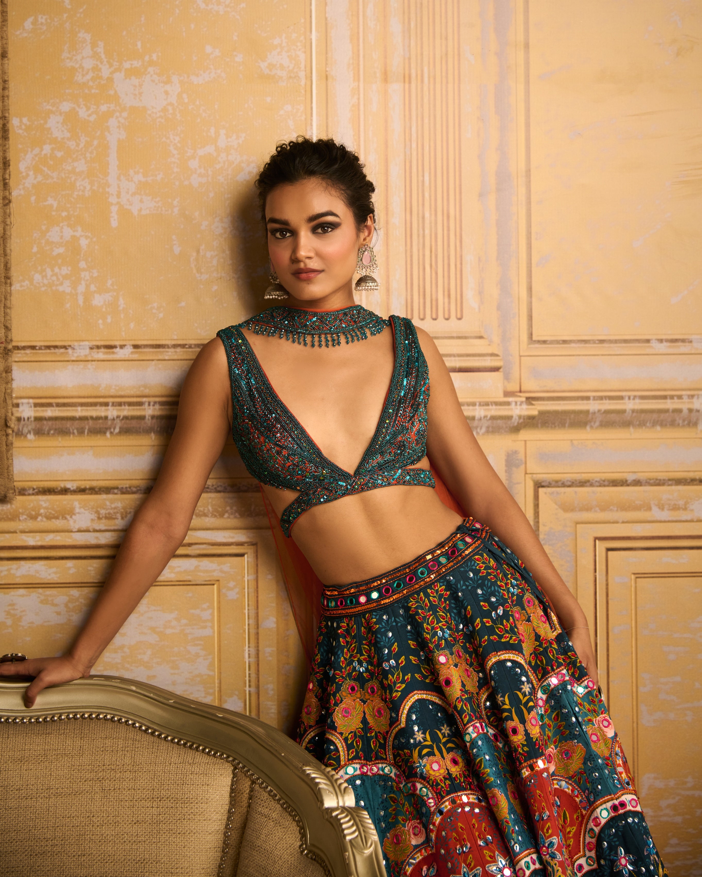 Teal Embroidered Blouse And Lehenga Set