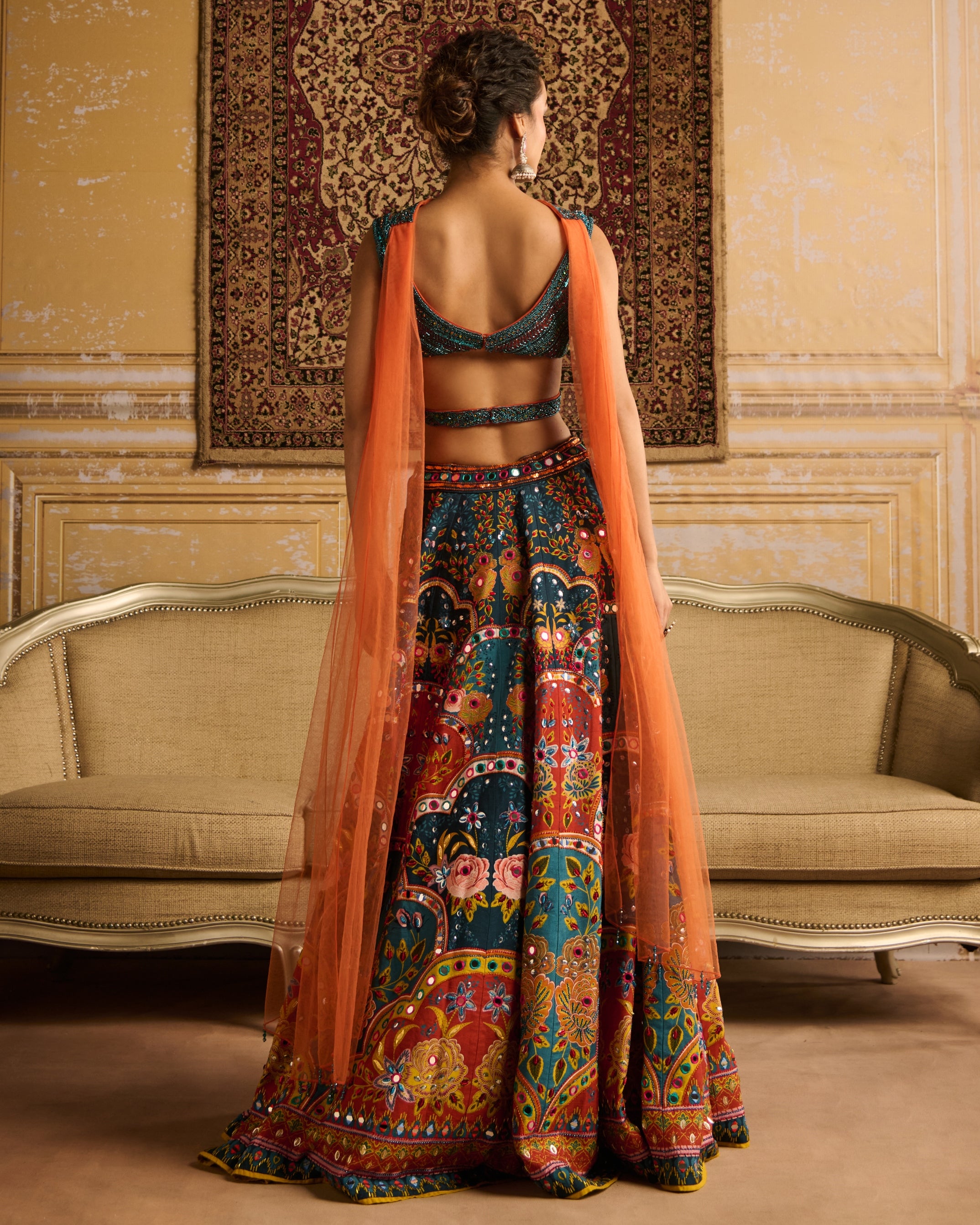 Teal Embroidered Blouse And Lehenga Set