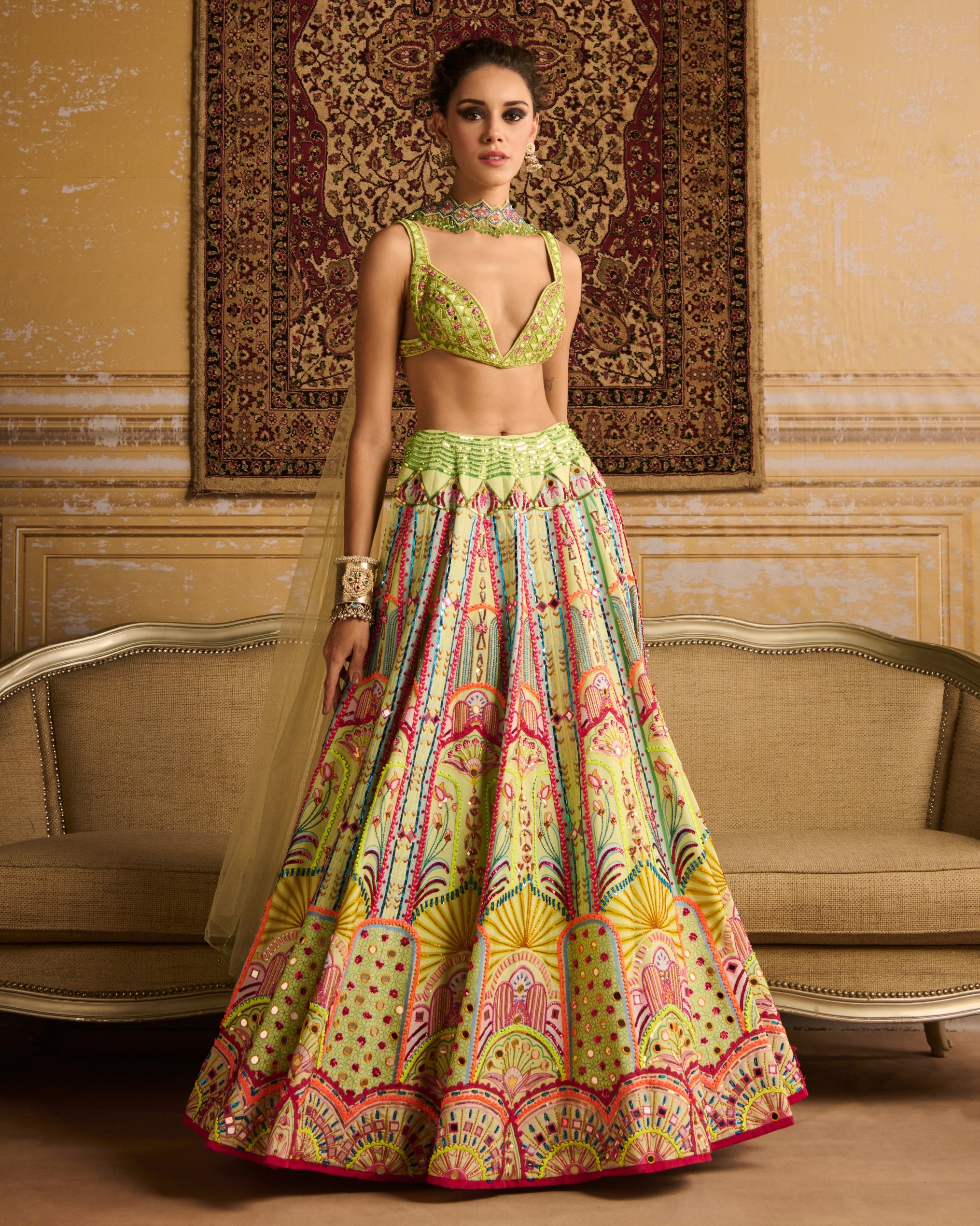 Mint Embroidered Blouse And Lehenga Set