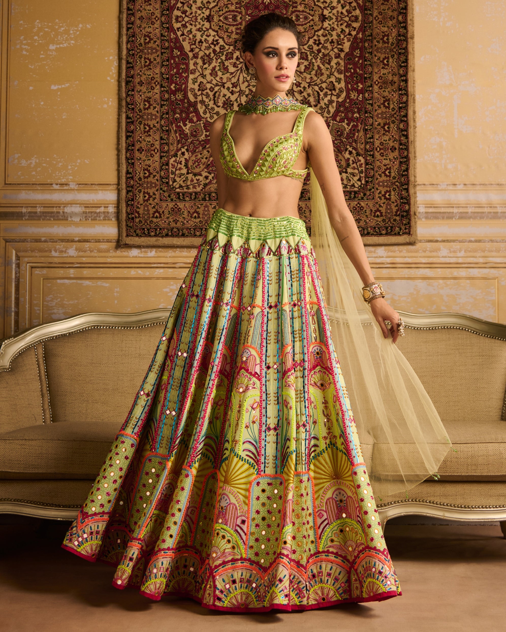 Mint Embroidered Blouse And Lehenga Set