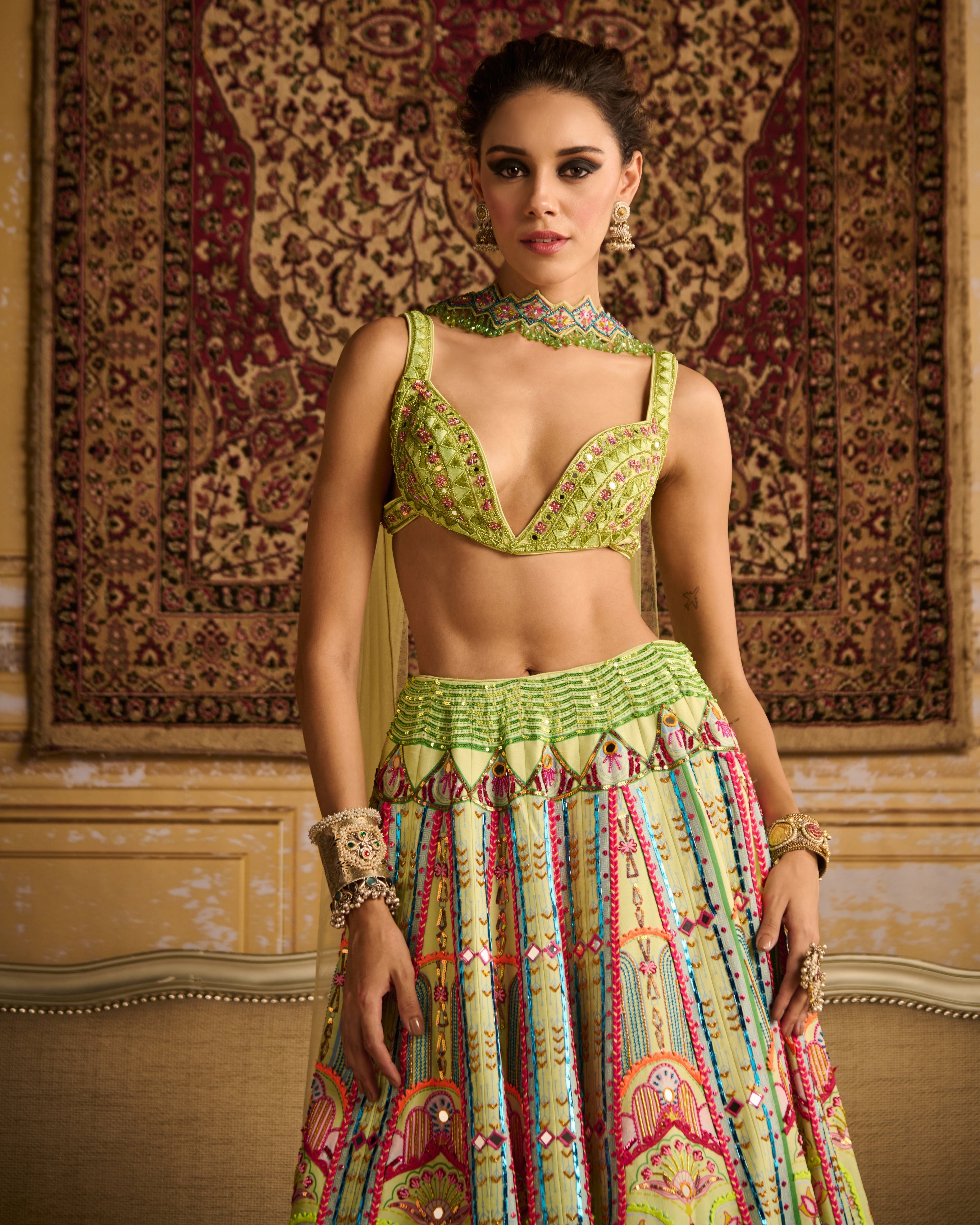 Mint Embroidered Blouse And Lehenga Set