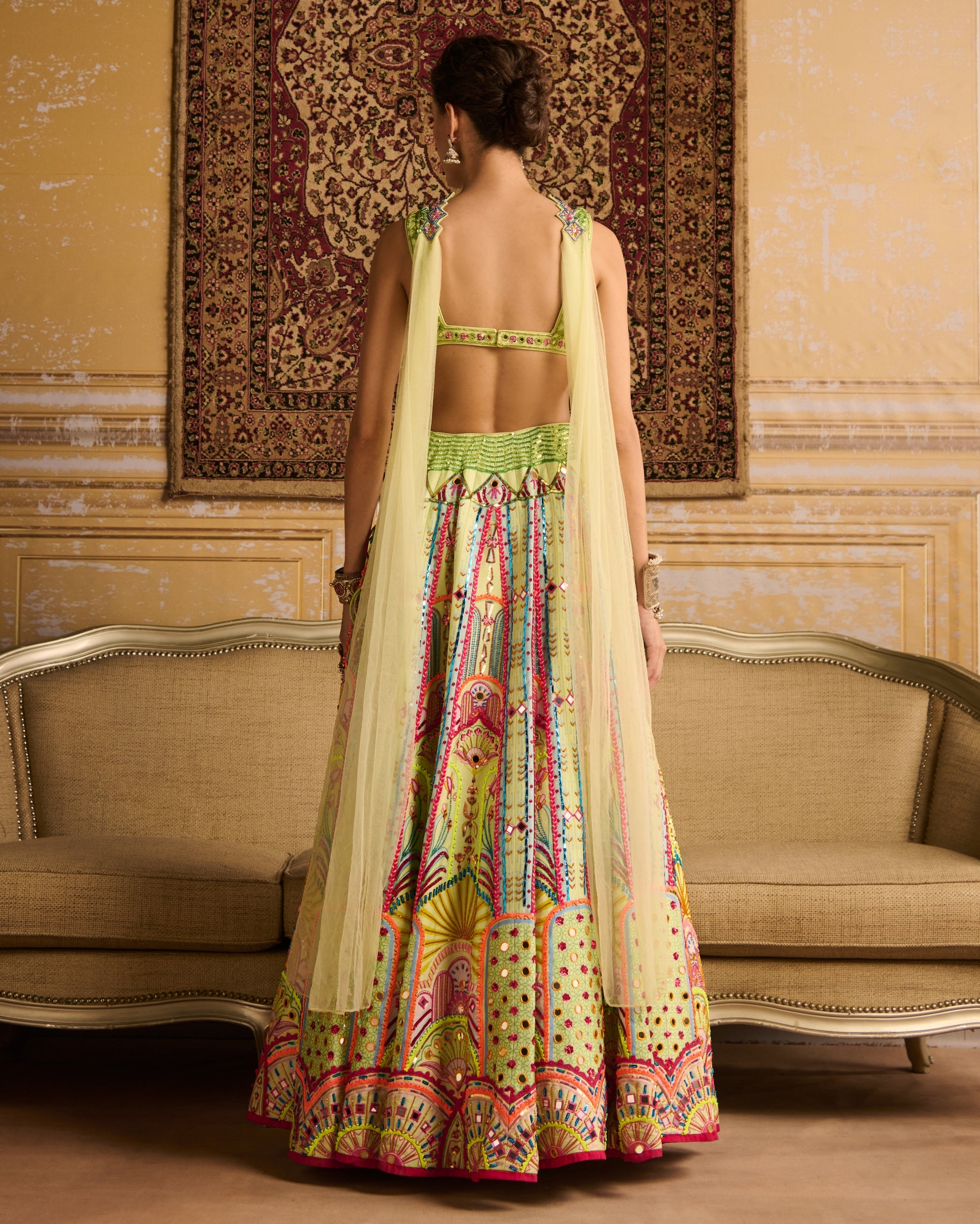 Mint Embroidered Blouse And Lehenga Set