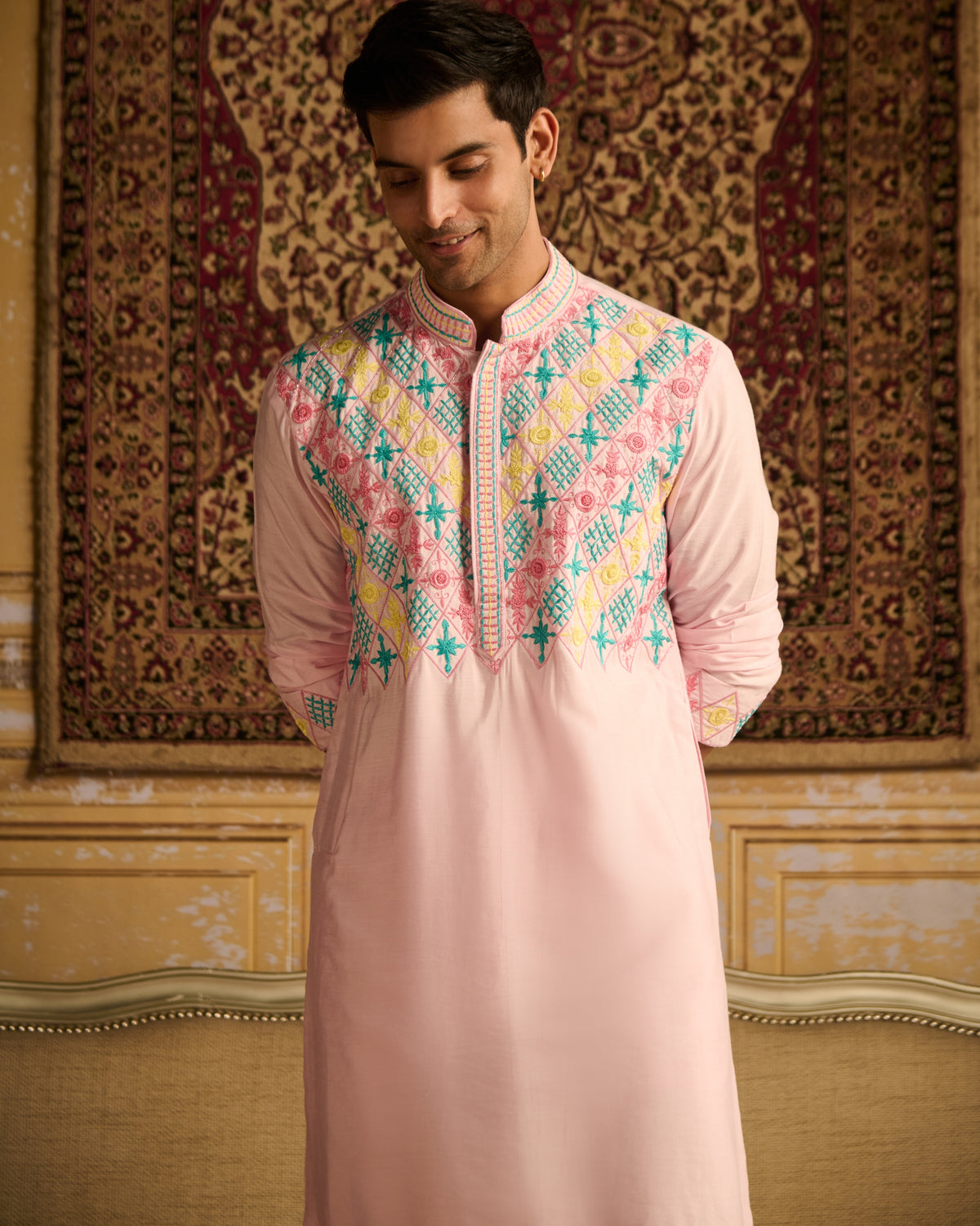 Blush Pink With Thread & Cutana Mix Floral & Geometric Embroidered Kurta With Blush Pink Pants