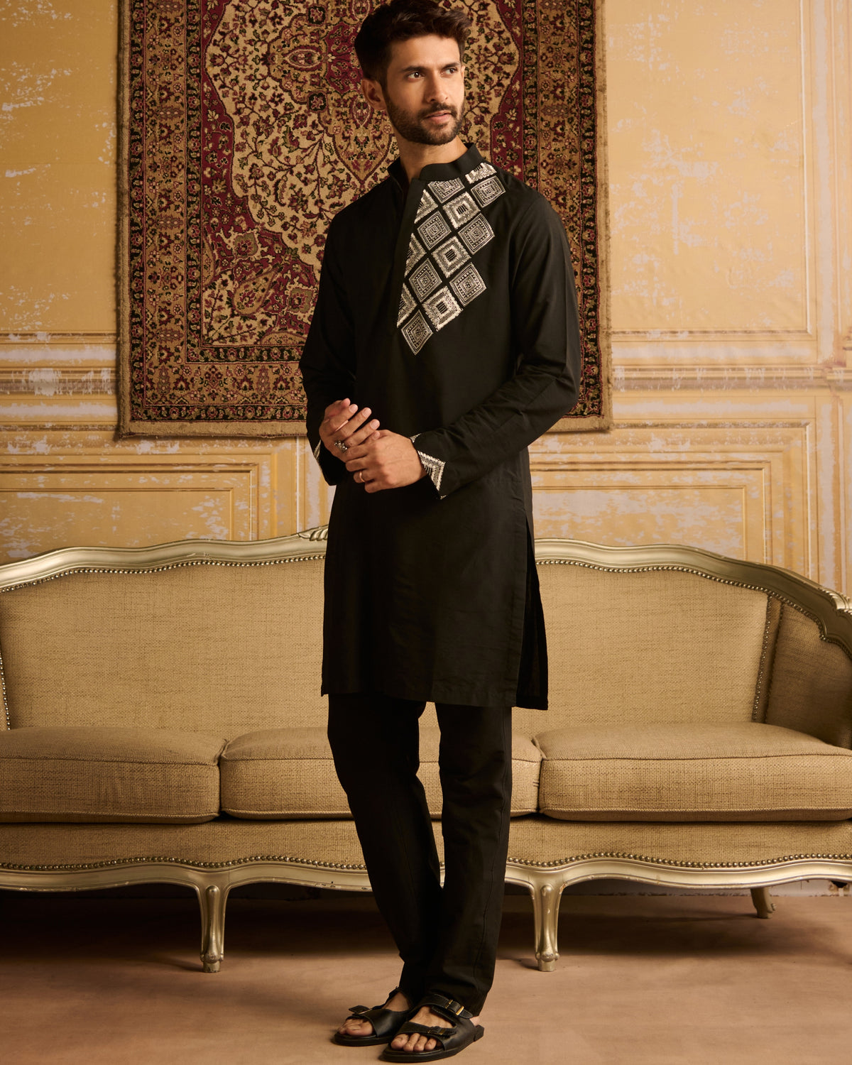 Black With White Diamond Embroidered Kurta With Black Pants