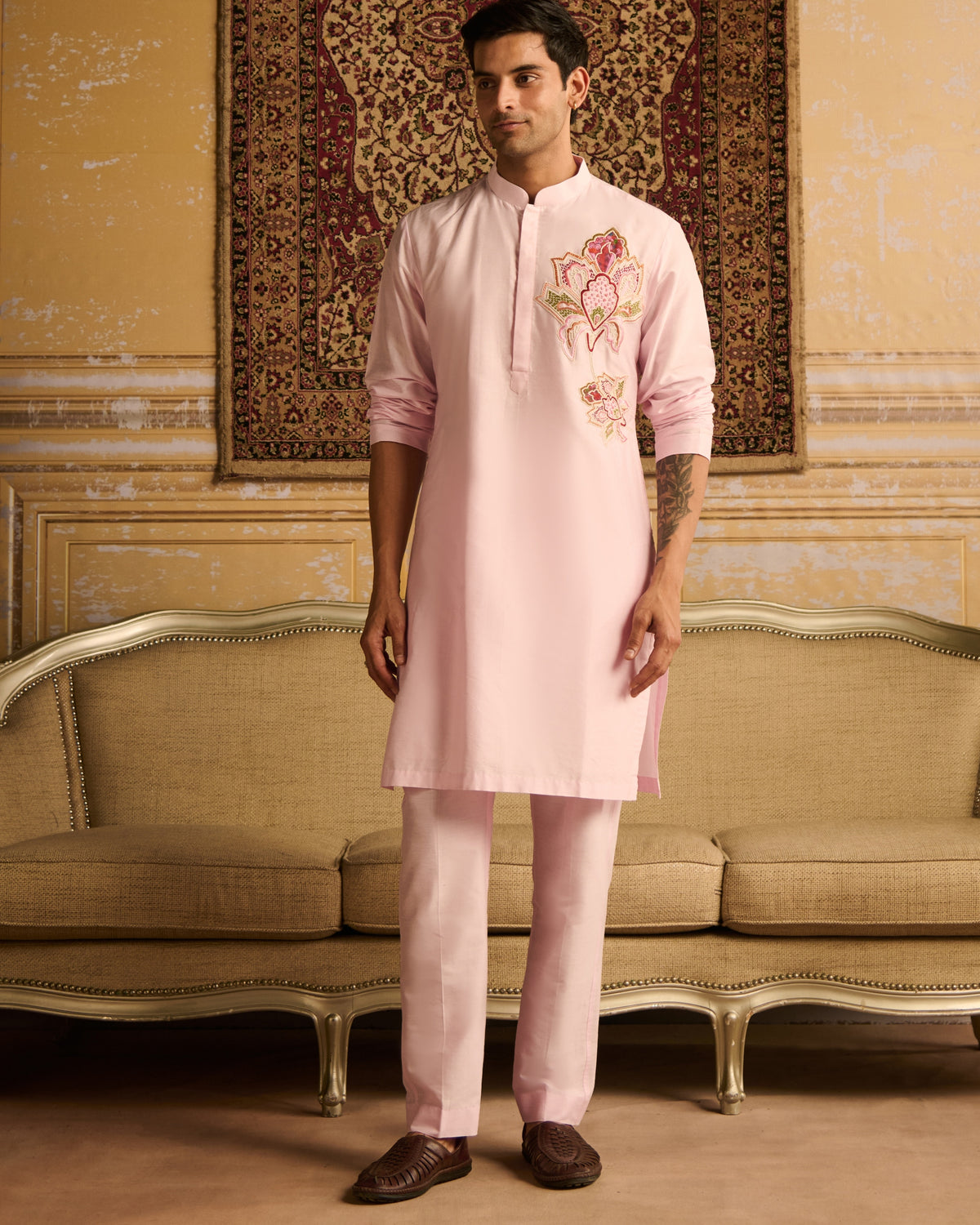 Blush Pink Big Floral Embroidered Kurta With Blush Pink Pants