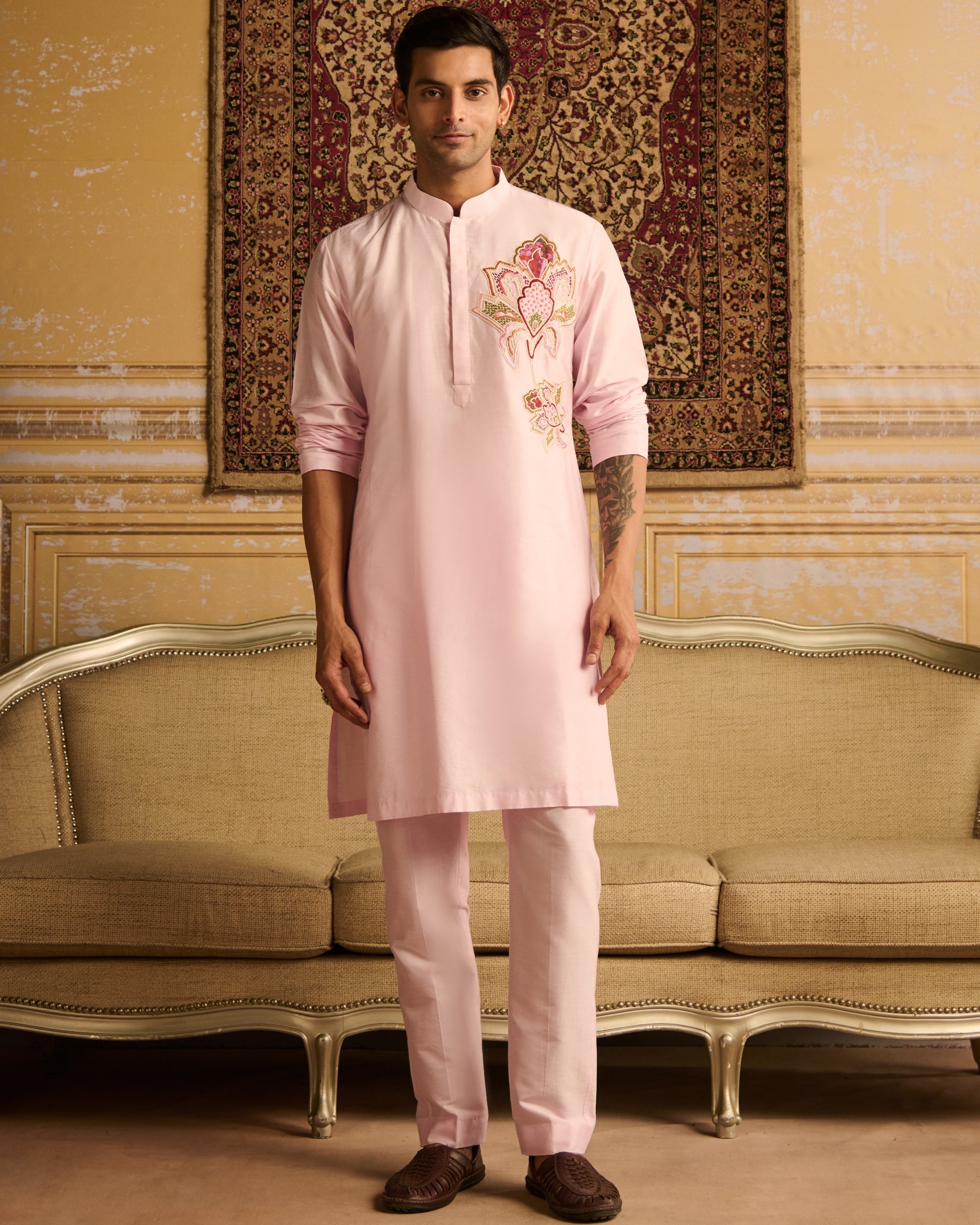 Blush Pink Big Floral Embroidered Kurta With Blush Pink Pants