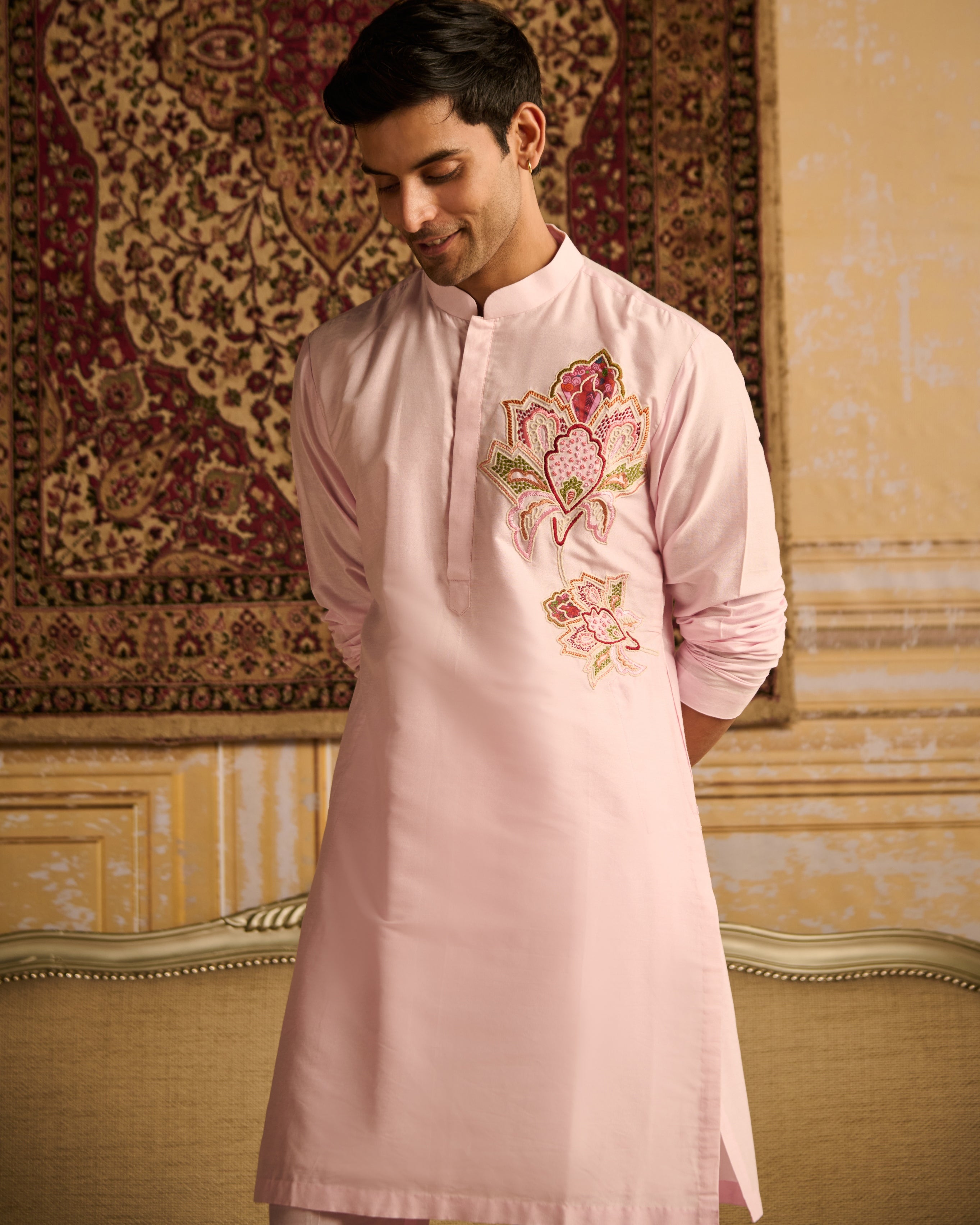 Blush Pink Big Floral Embroidered Kurta With Blush Pink Pants