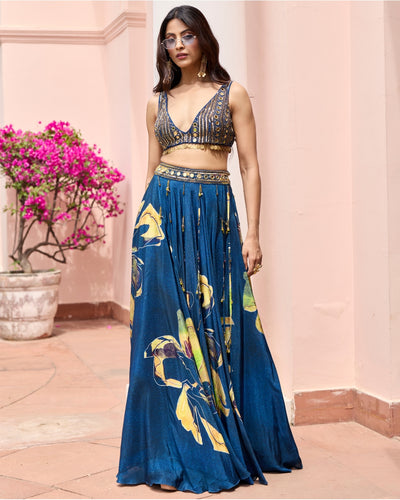 Navygold Floral Printed Lehenga Set
