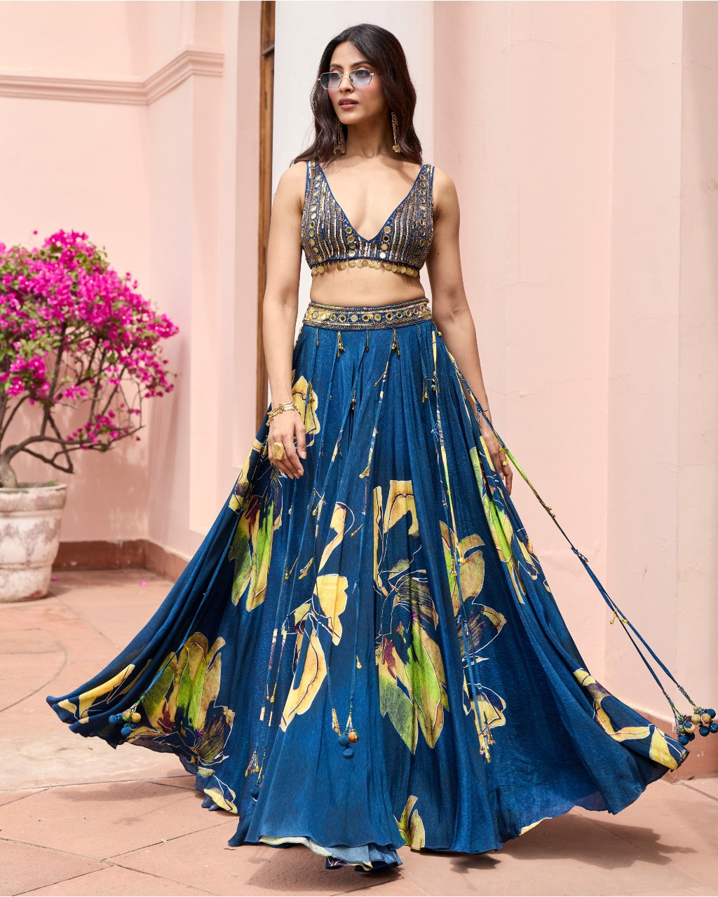 Navygold Floral Printed Lehenga Set