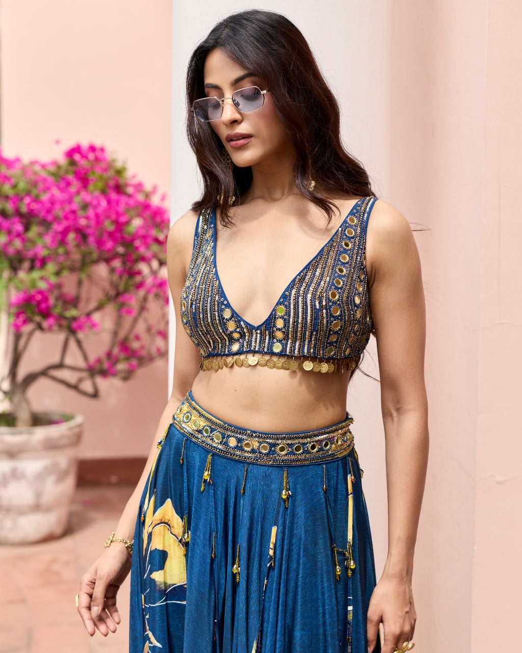 Navygold Floral Printed Lehenga Set