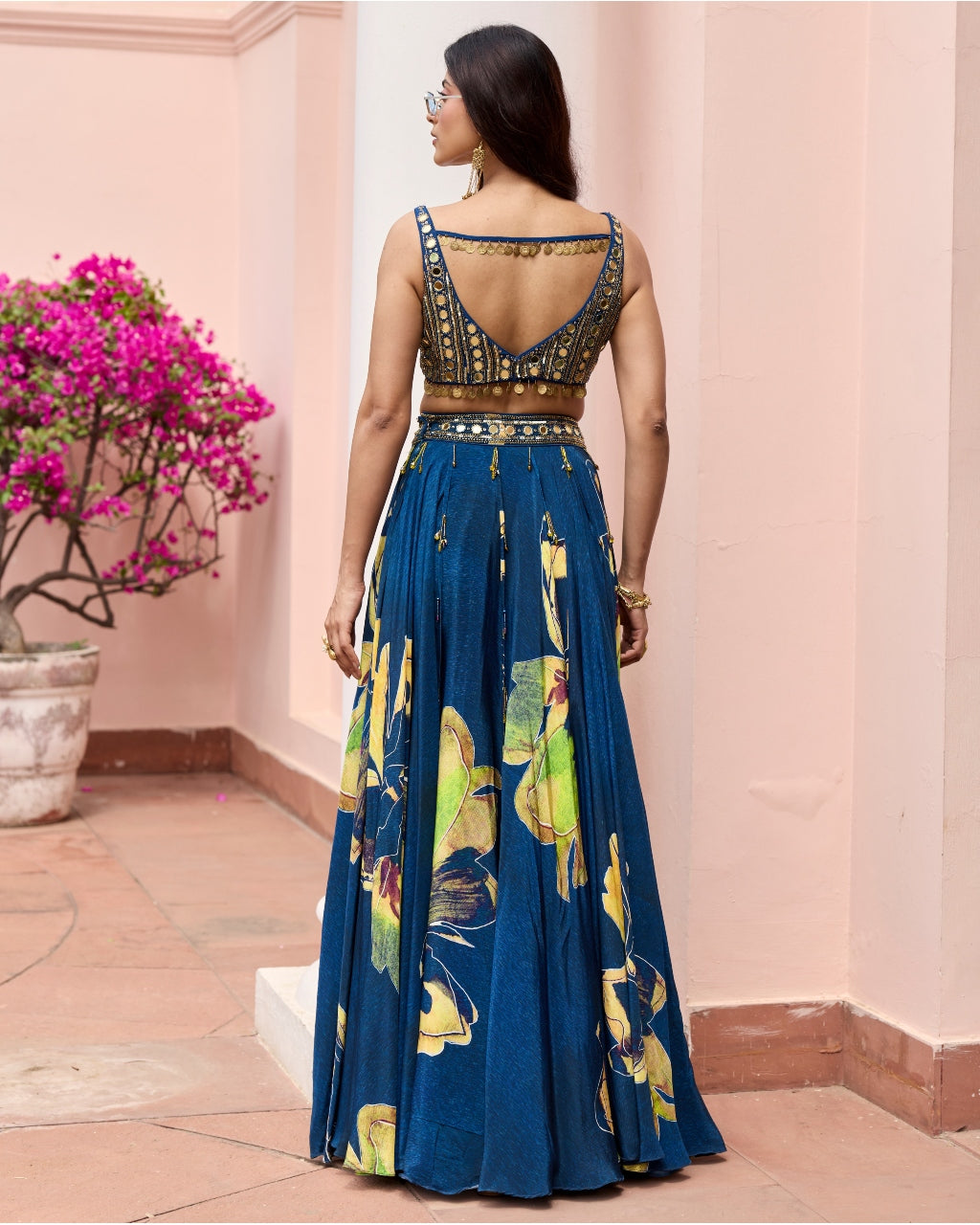 Navygold Floral Printed Lehenga Set