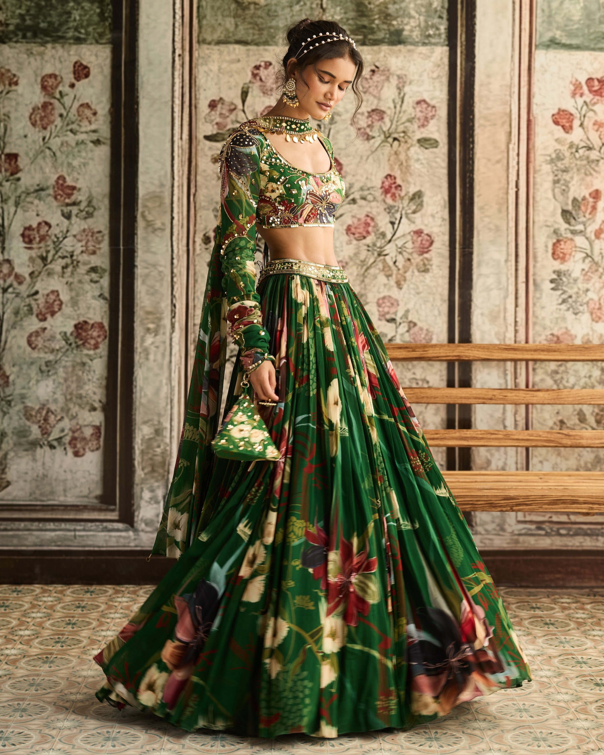Green Floral Printed Lehenga Set
