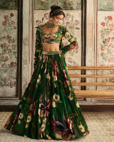 Green Floral Printed Lehenga Set
