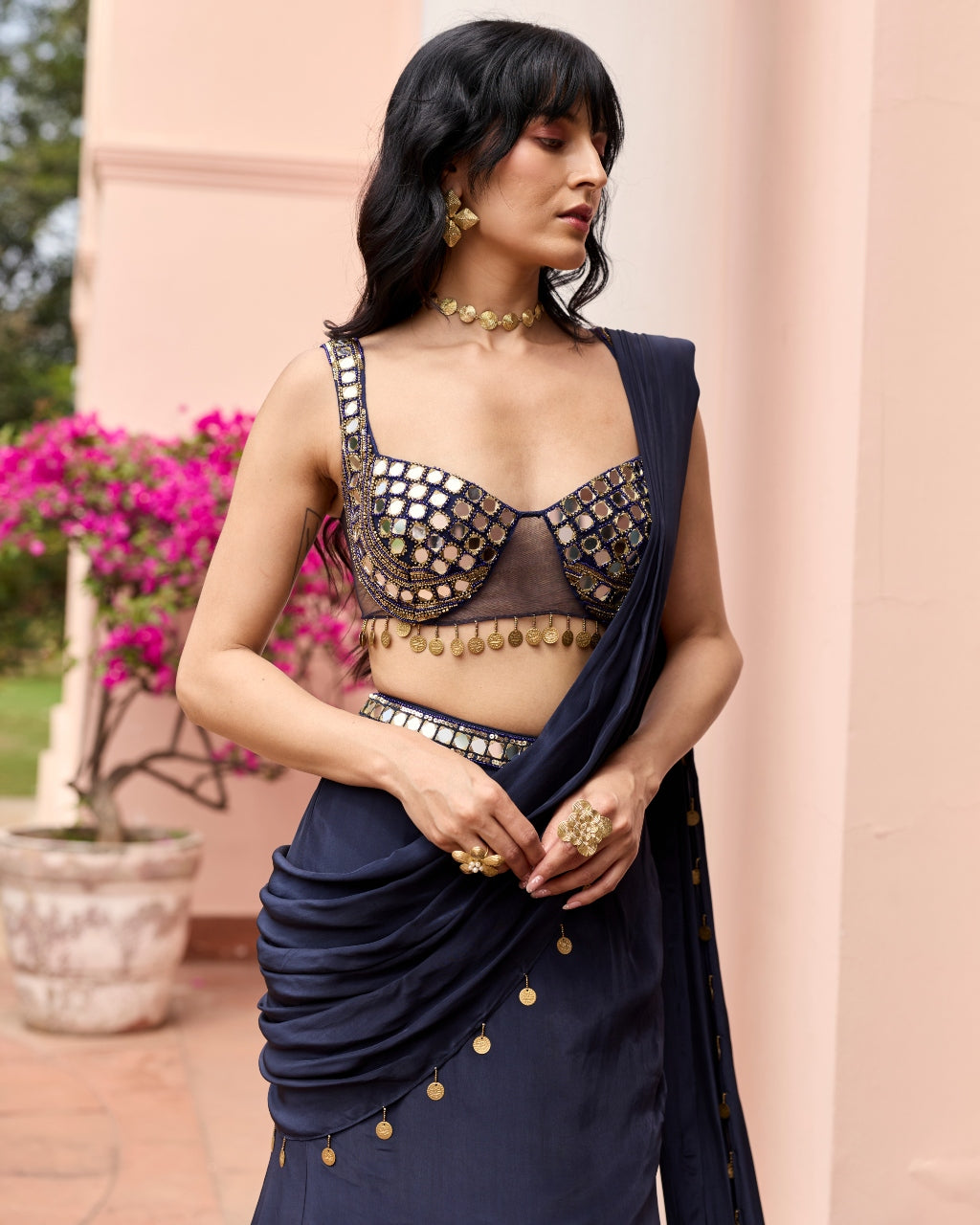 Midnight Blue Solid Trail Sari Set