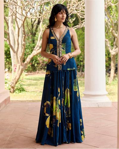 Navygold Floral Printed Lehenga Set