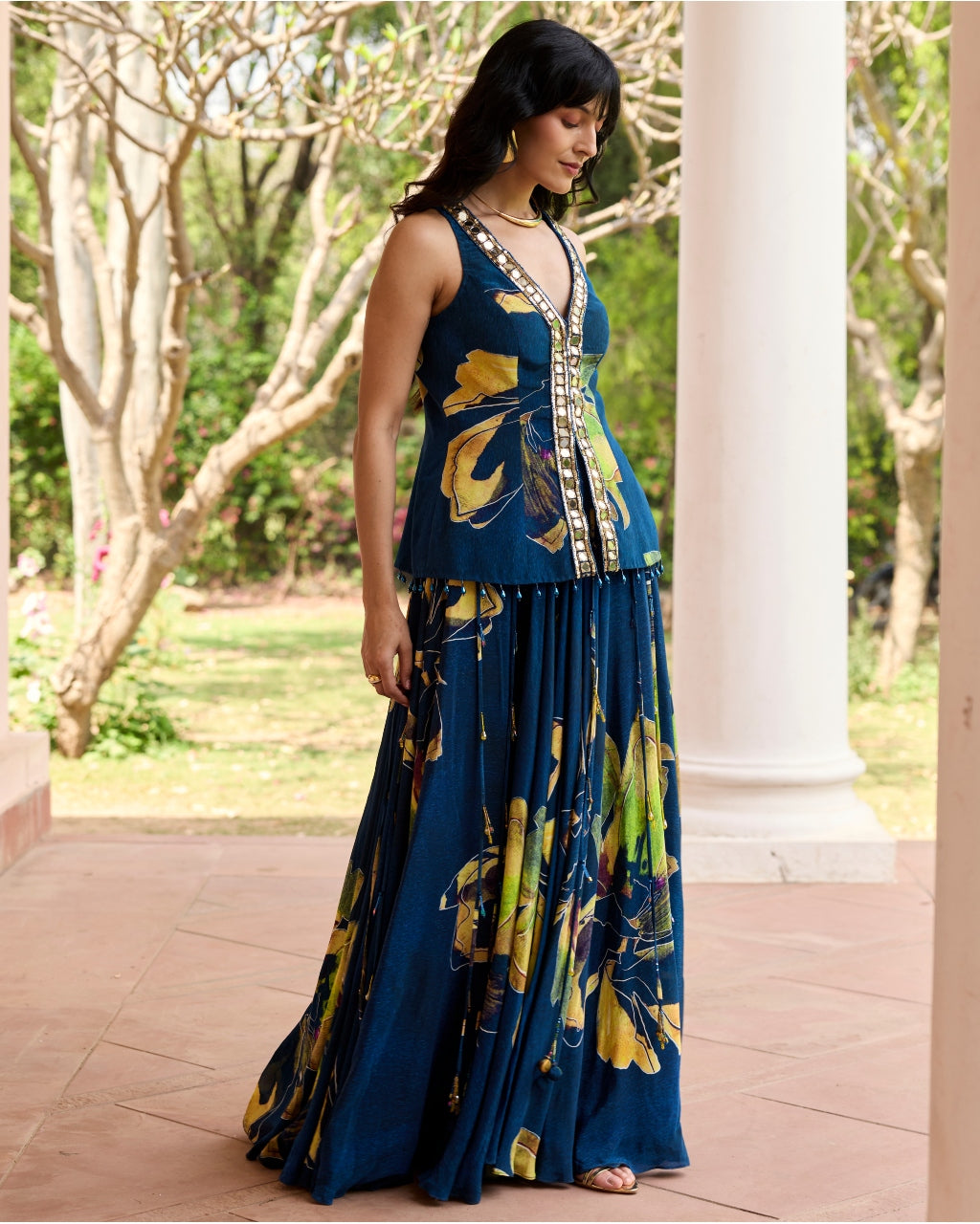 Navygold Floral Printed Lehenga Set