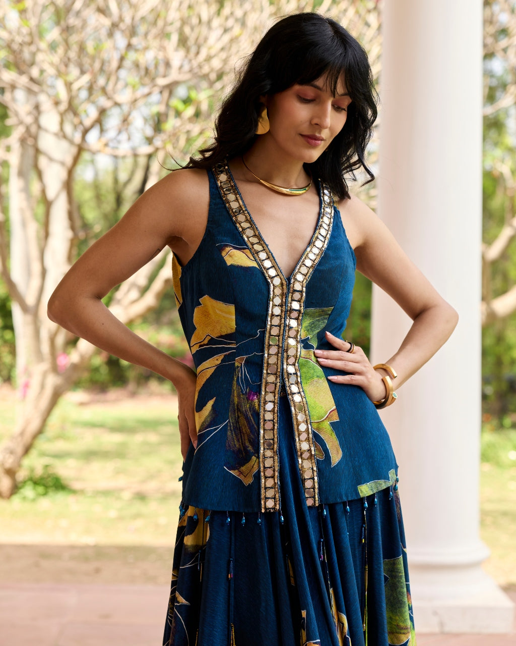 Navygold Floral Printed Lehenga Set