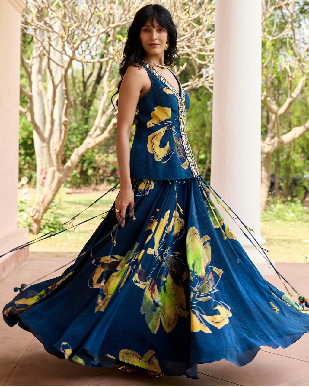 Navygold Floral Printed Lehenga Set