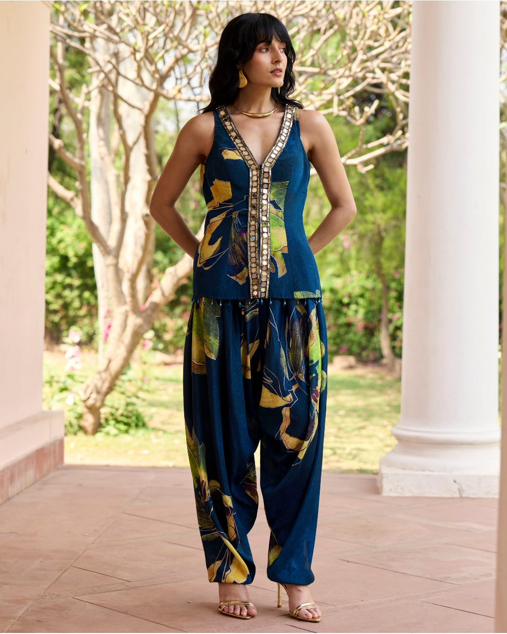 Navygold Floral Printed Dhoti Set