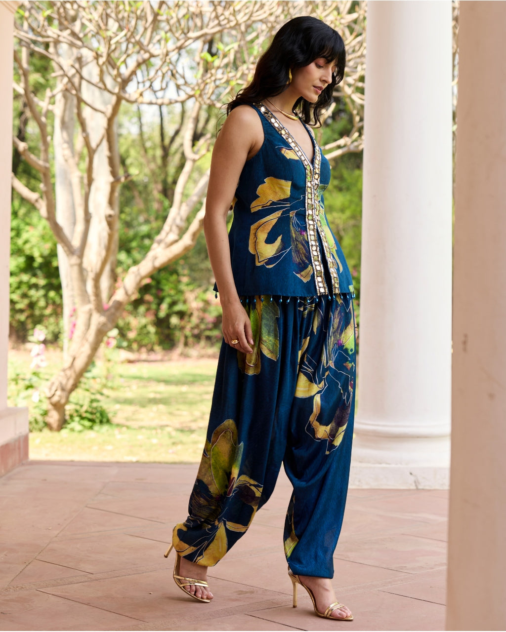 Navygold Floral Printed Dhoti Set