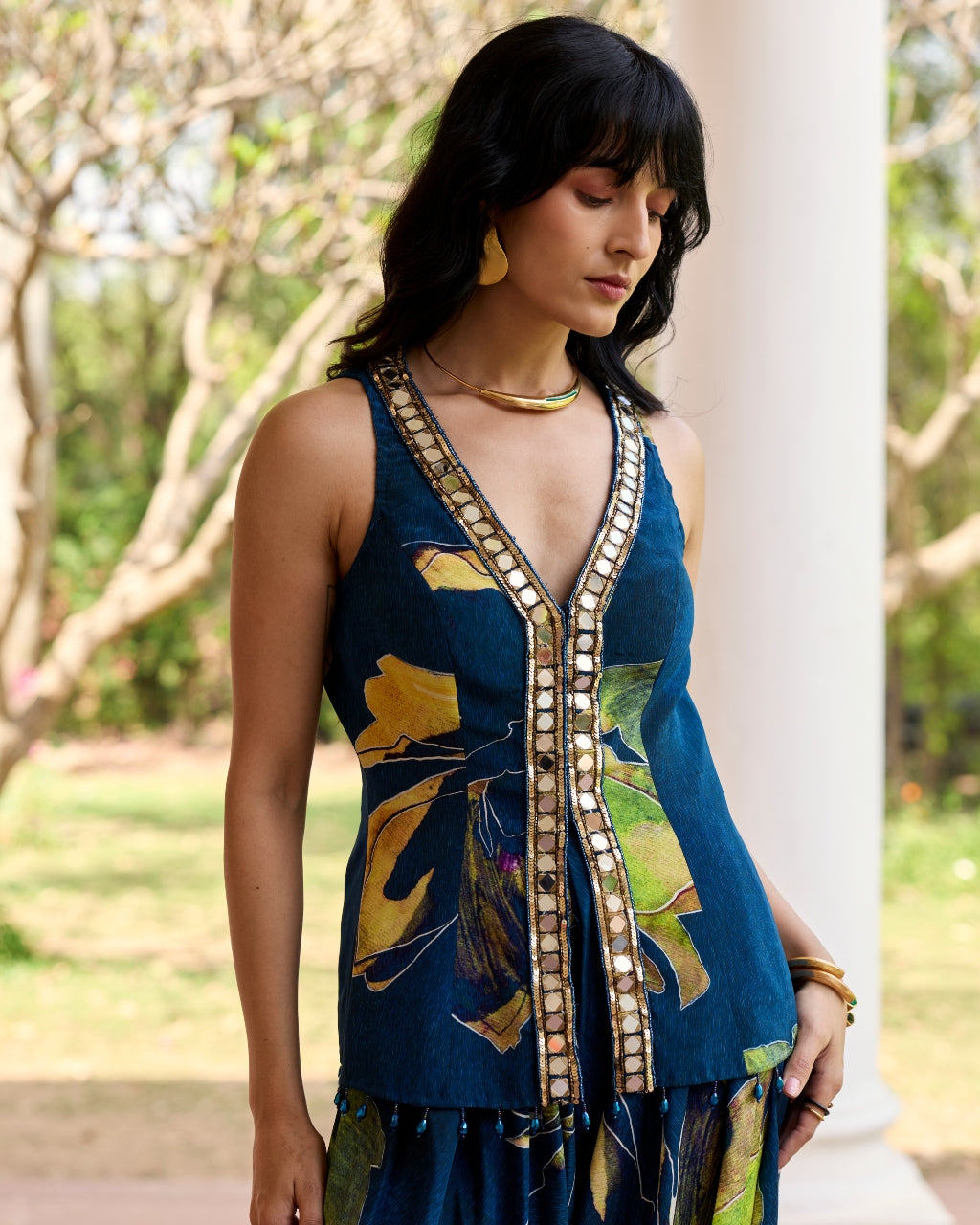 Navygold Floral Printed Dhoti Set