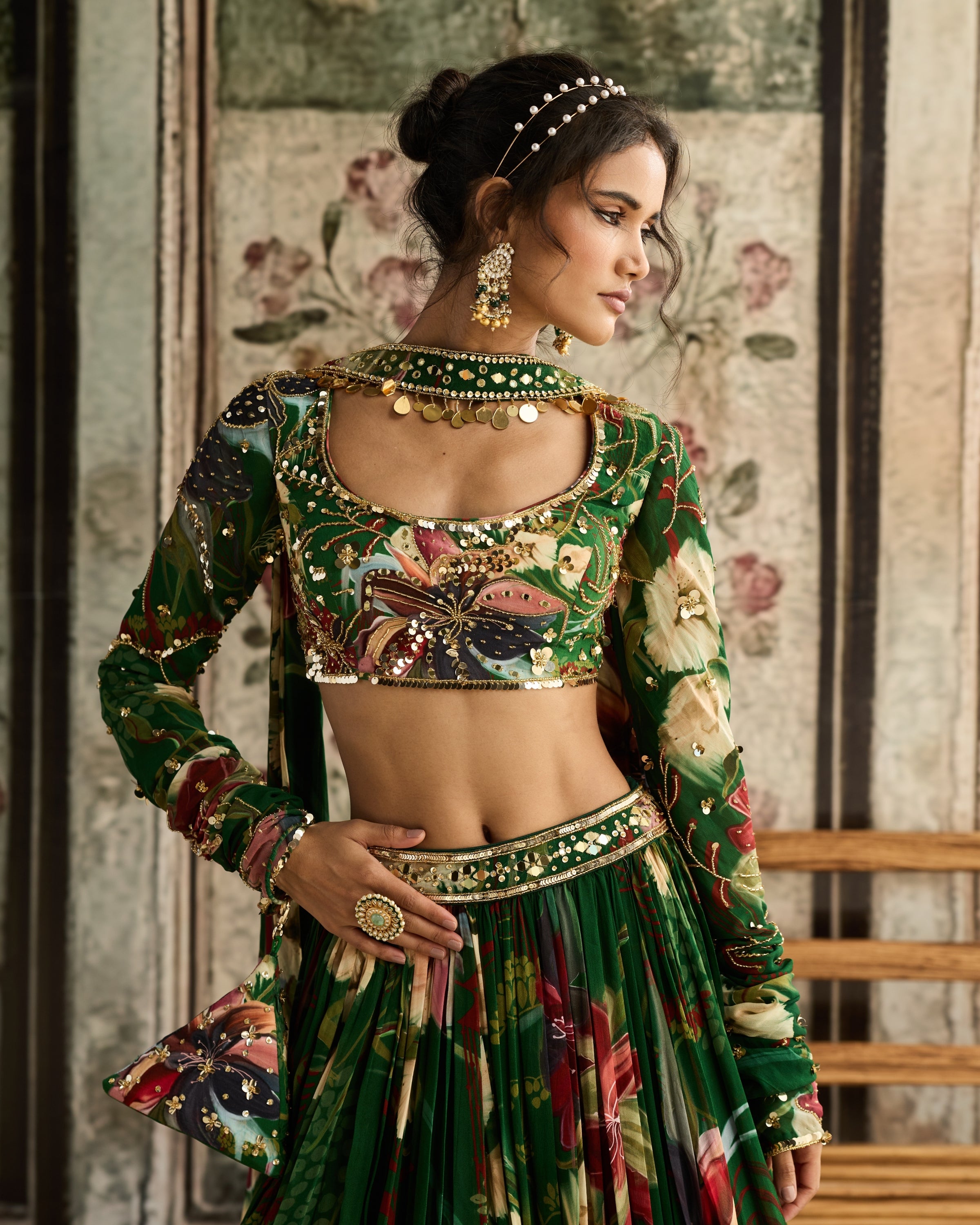 Green Floral Printed Lehenga Set