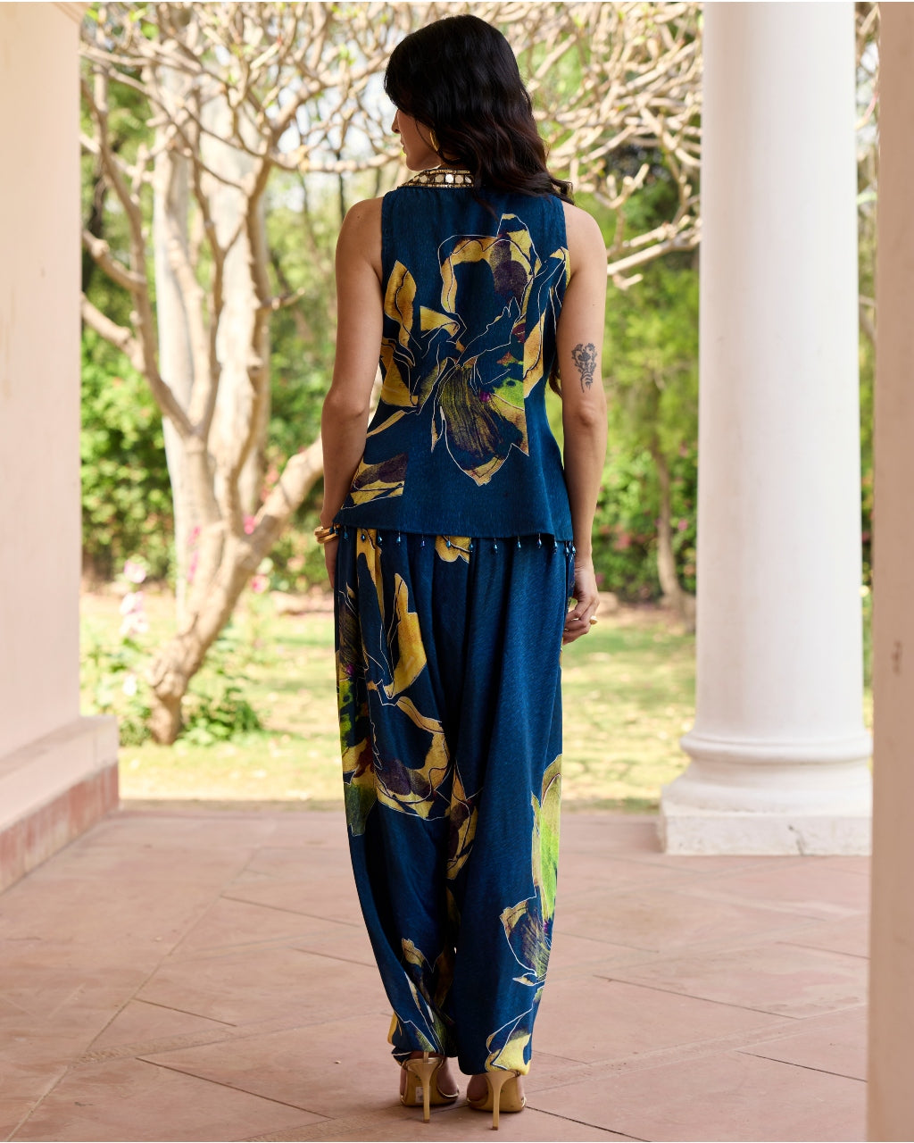 Navygold Floral Printed Dhoti Set