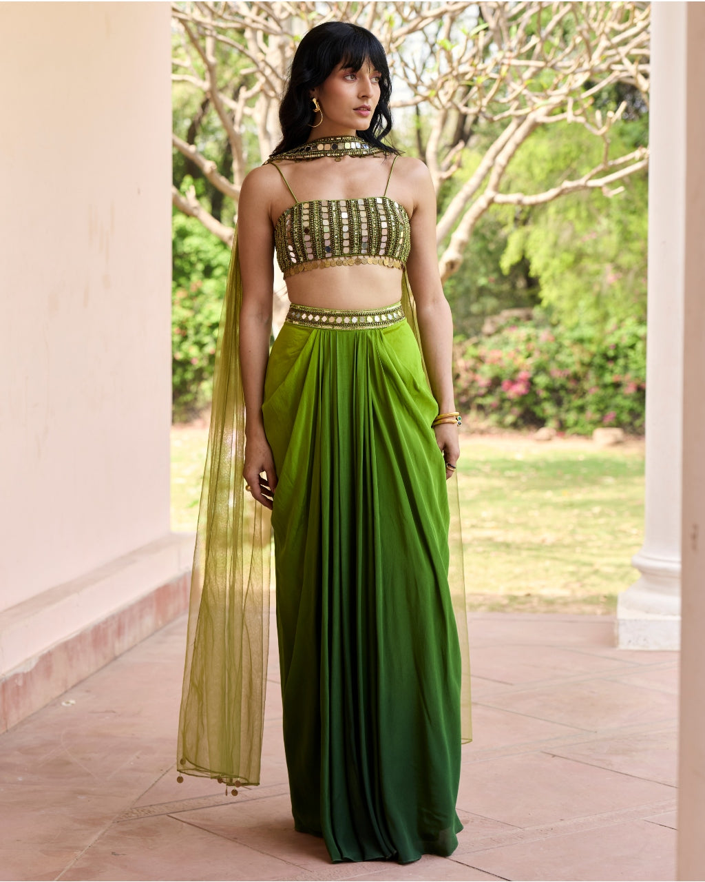 Algae Green Ombre Dhoti Skirt Set