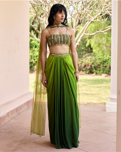 Algae Green Ombre Dhoti Skirt Set