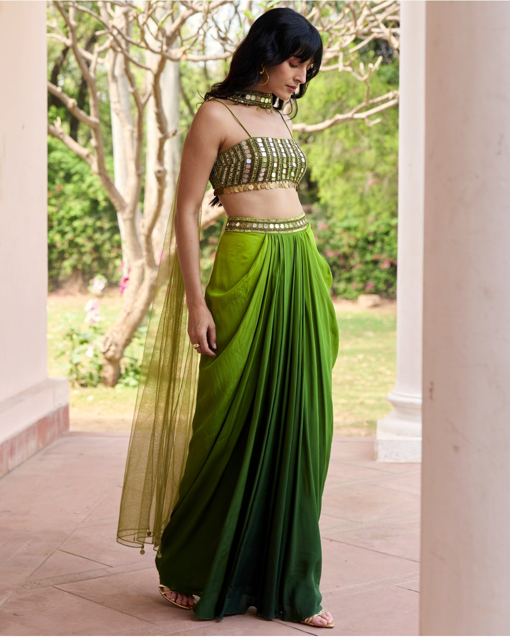 Algae Green Ombre Dhoti Skirt Set