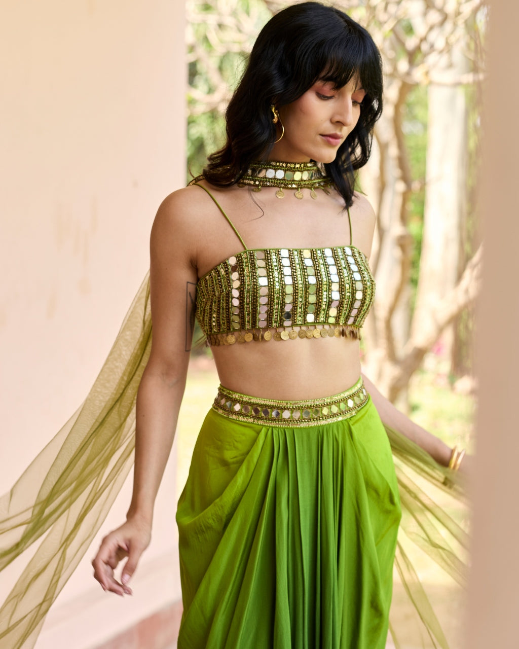 Algae Green Ombre Dhoti Skirt Set