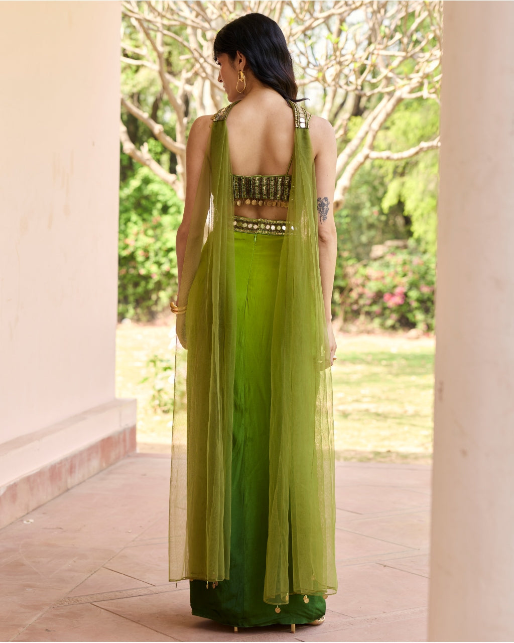 Algae Green Ombre Dhoti Skirt Set
