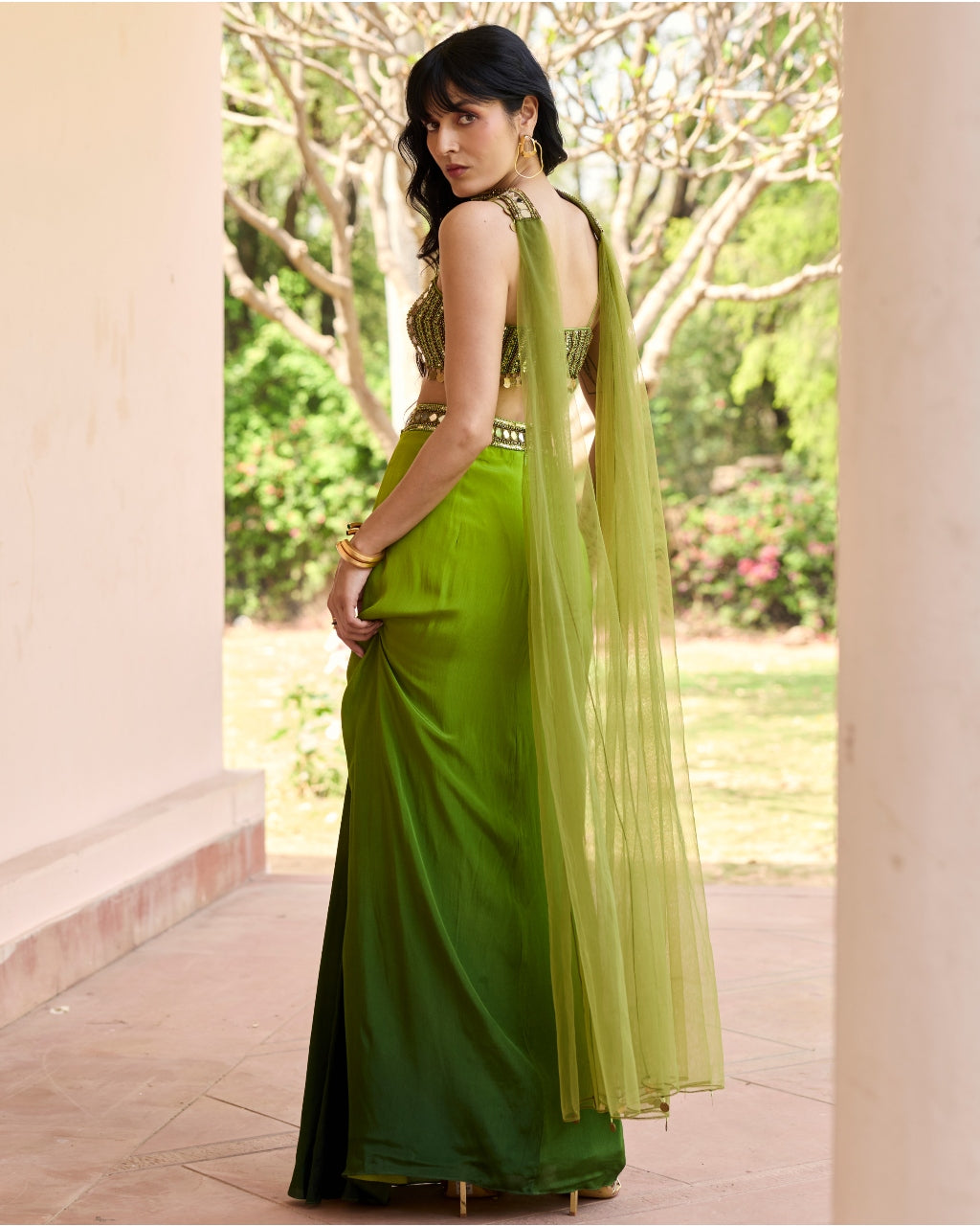 Algae Green Ombre Dhoti Skirt Set