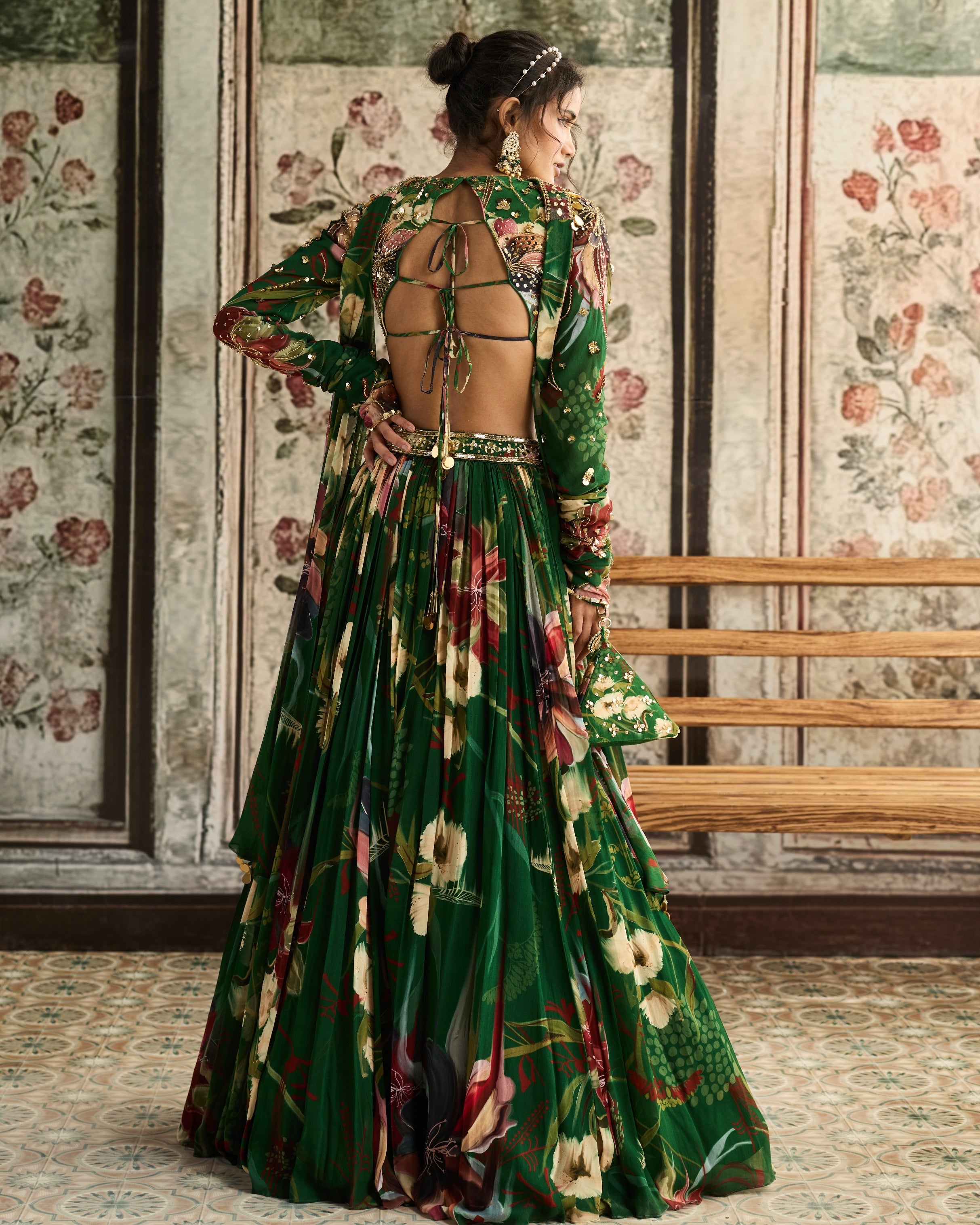 Green Floral Printed Lehenga Set