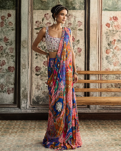 Multi-Color Print Tiered Skirt Sari Set