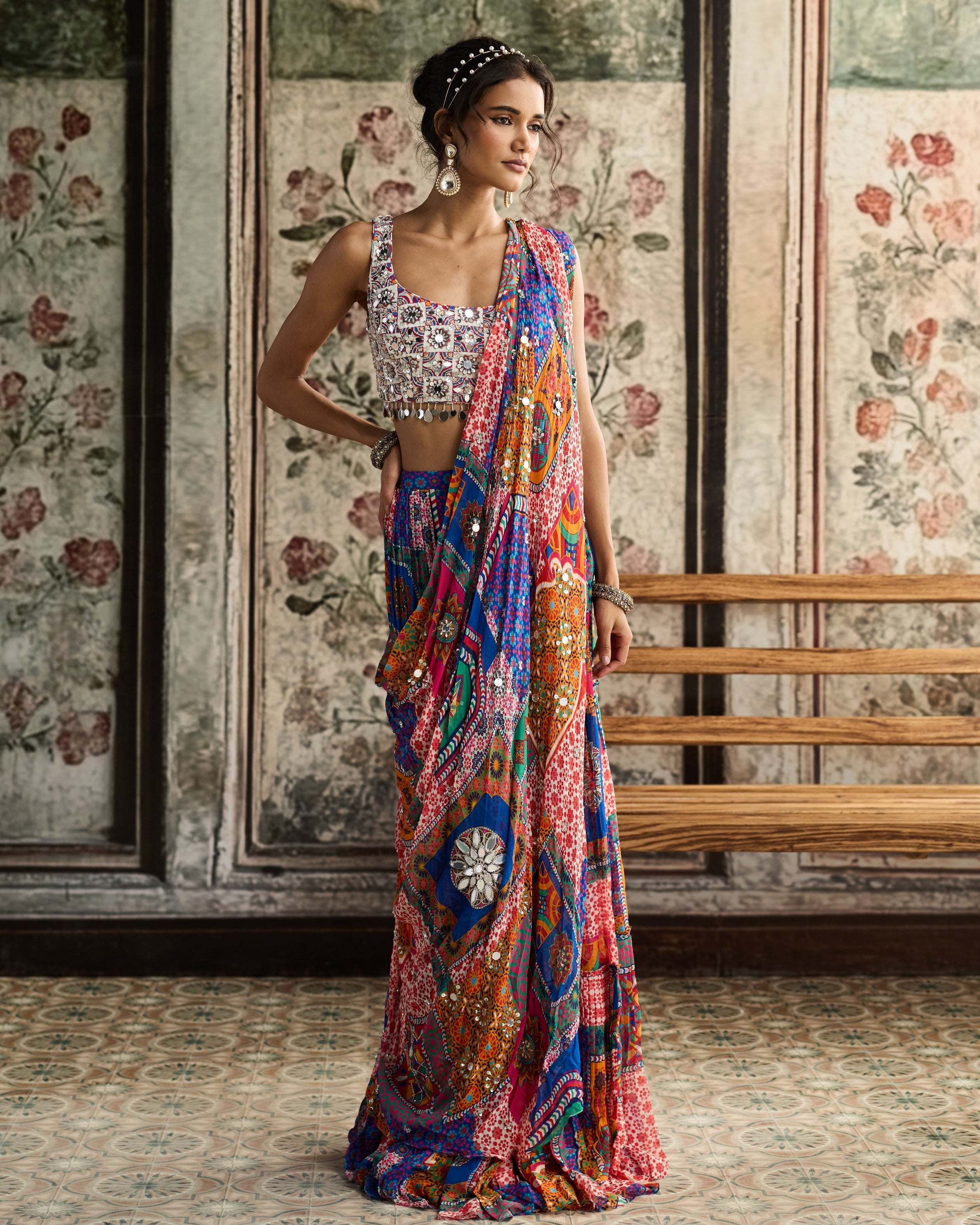 Multi-Color Print Tiered Skirt Sari Set