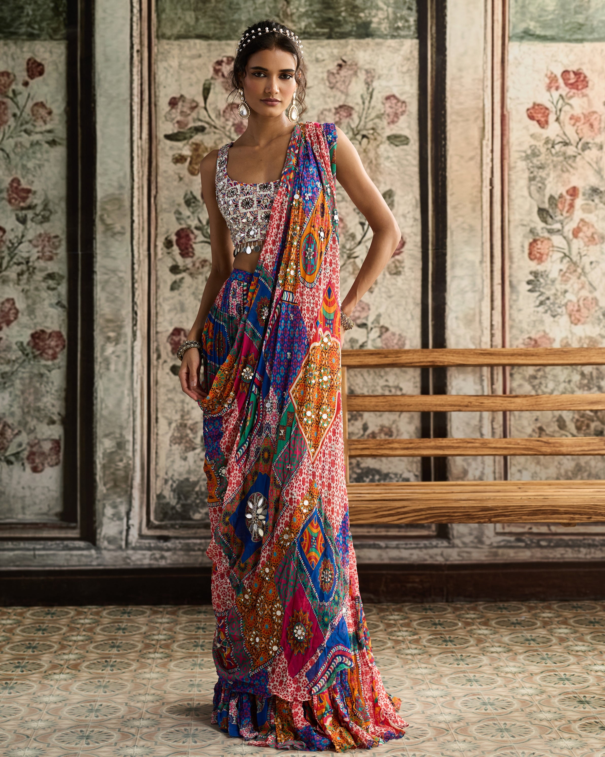 Multi-Color Print Tiered Skirt Sari Set