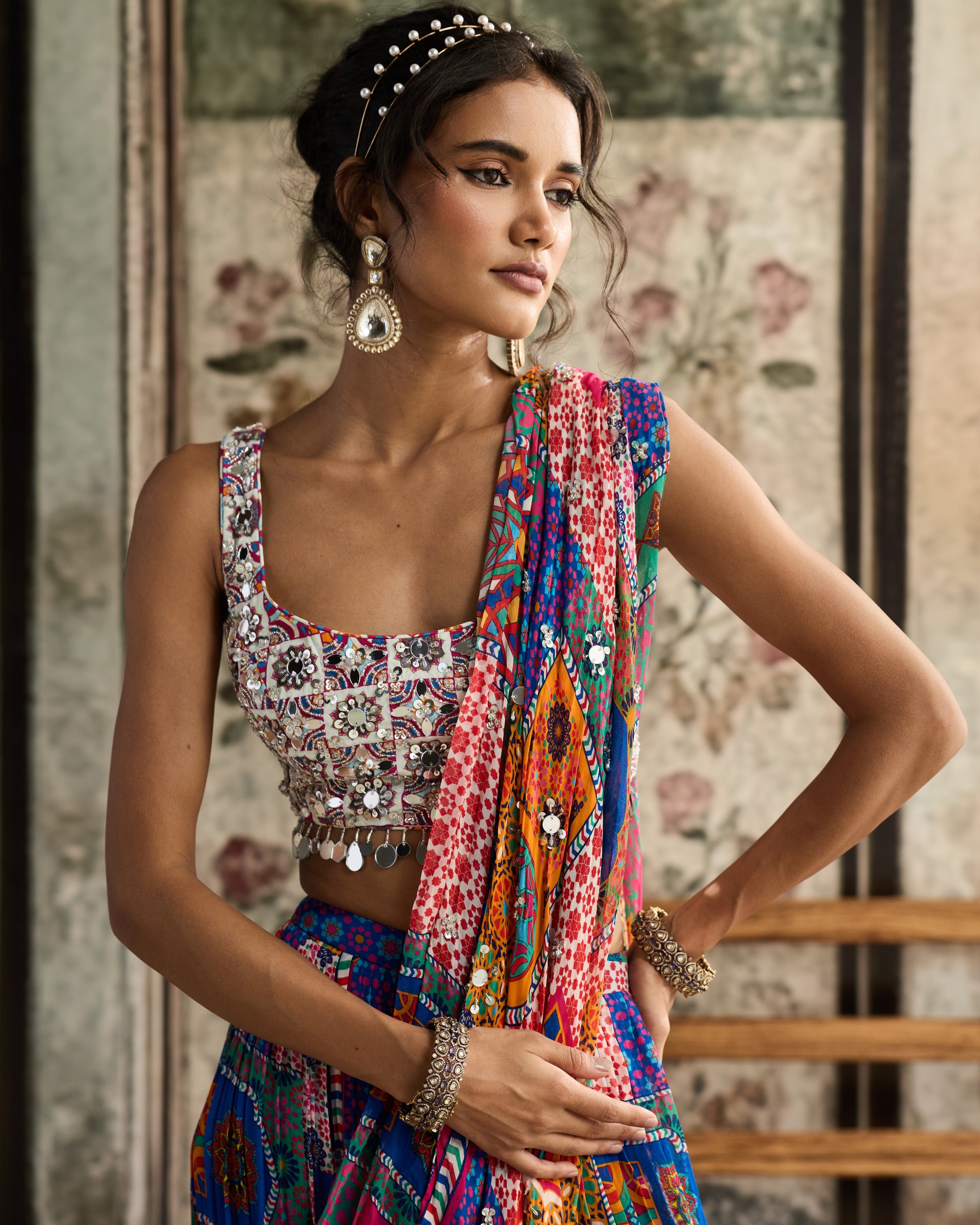 Multi-Color Print Tiered Skirt Sari Set