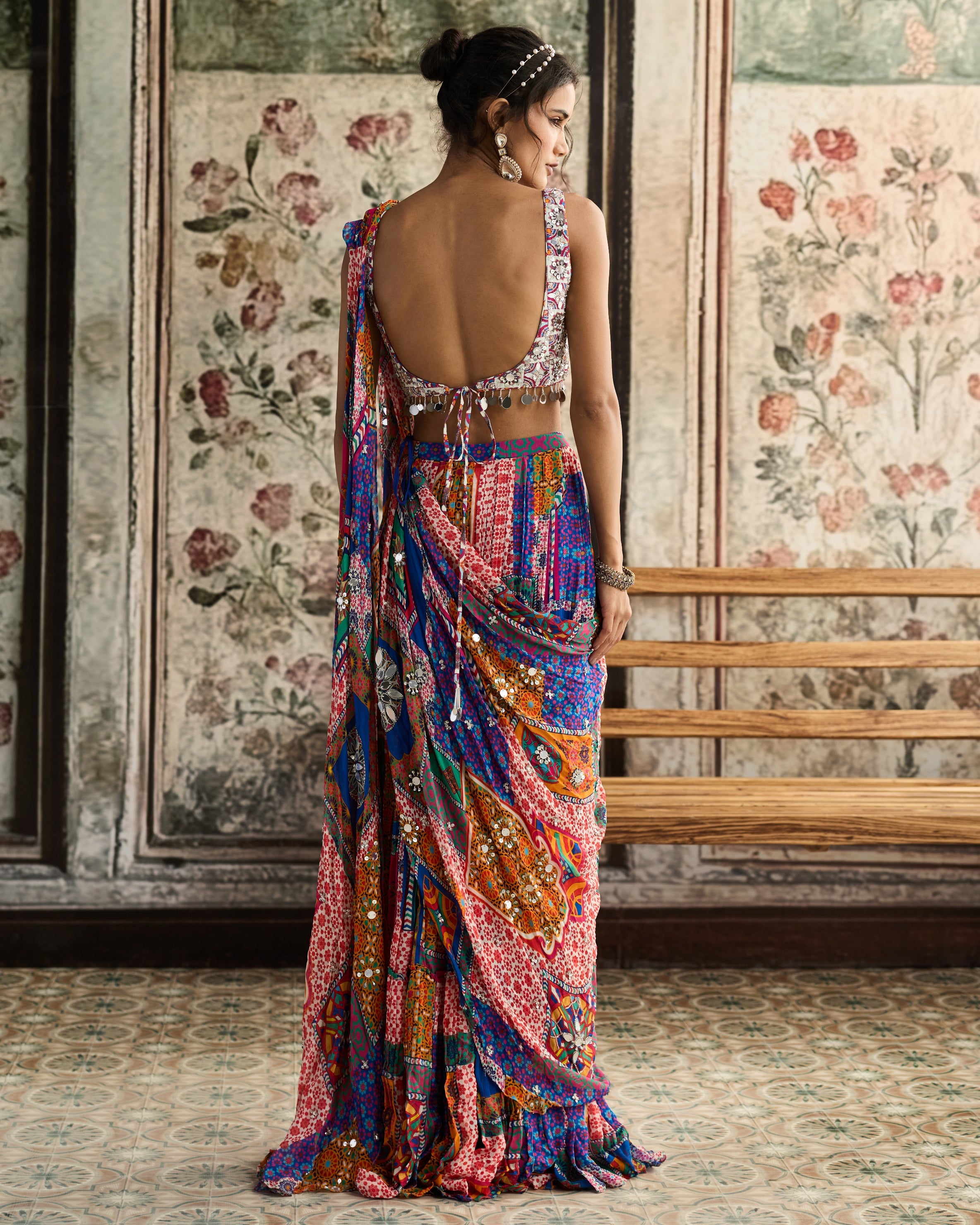 Multi-Color Print Tiered Skirt Sari Set