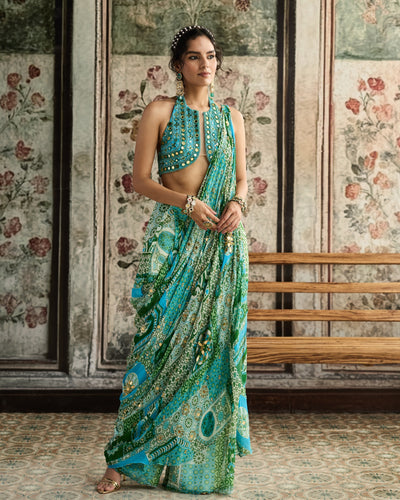 Aqua Embroidered Pant Sari Set
