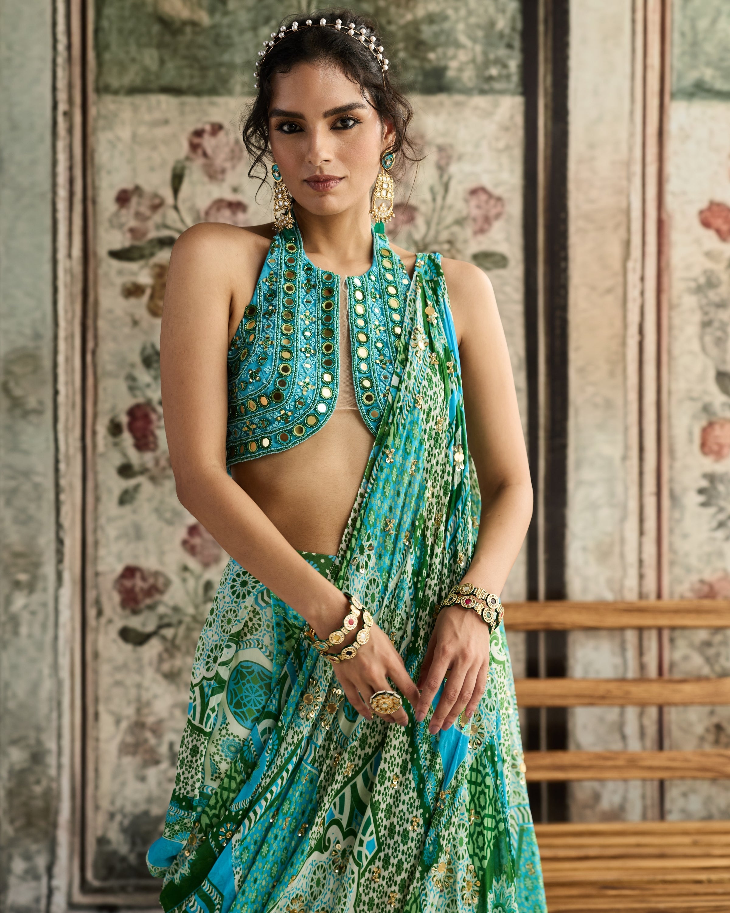 Aqua Embroidered Pant Sari Set