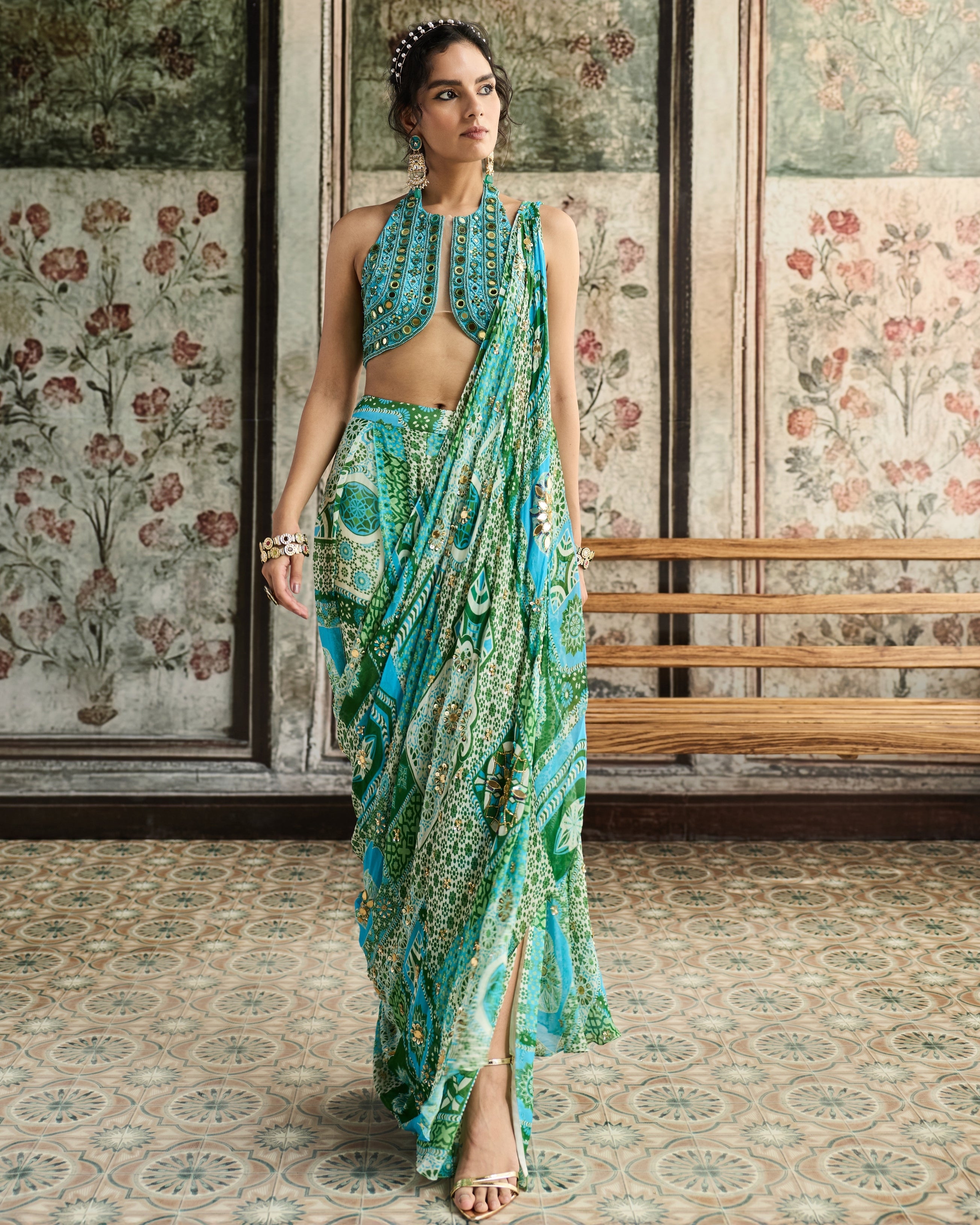 Aqua Embroidered Pant Sari Set