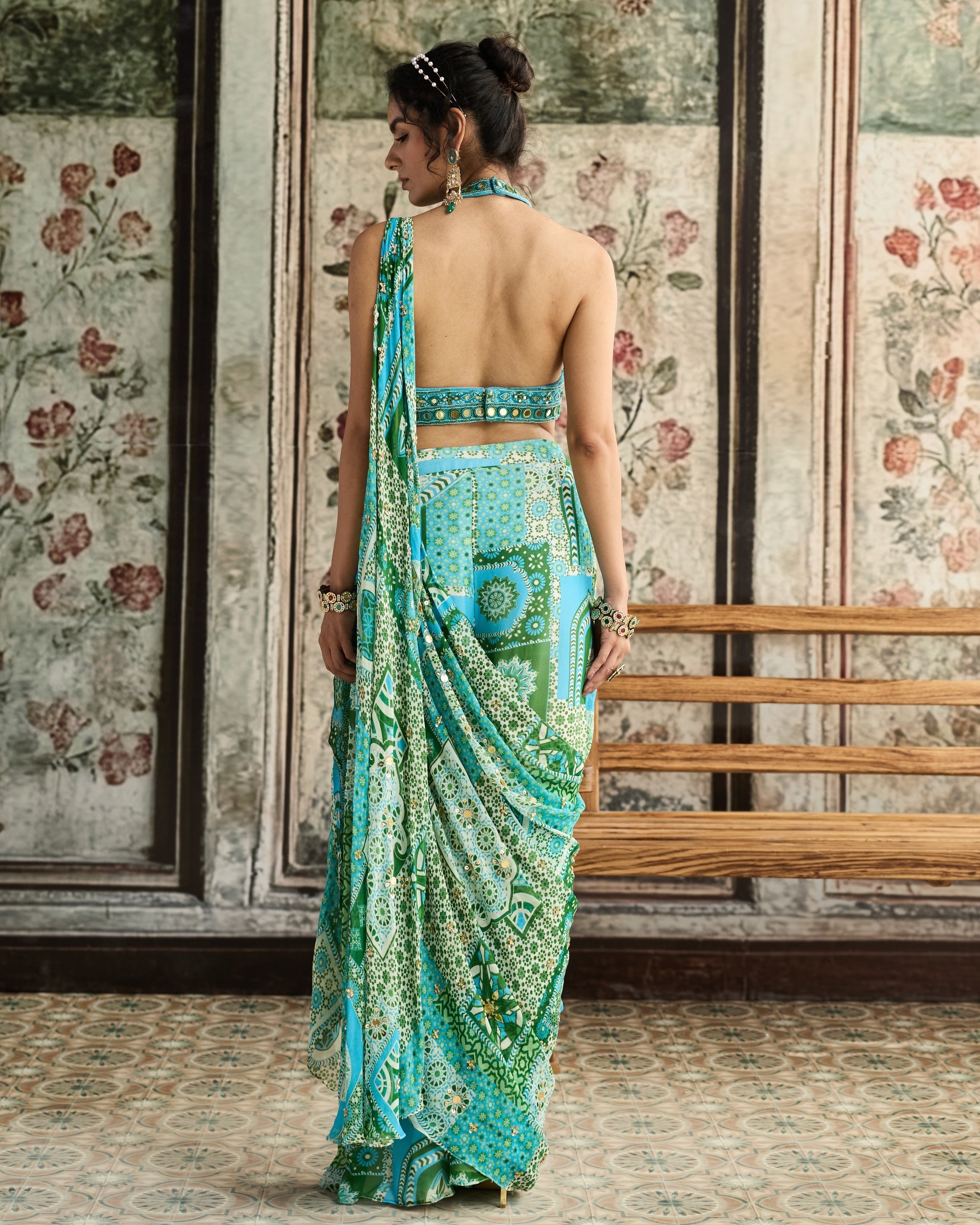 Aqua Embroidered Pant Sari Set