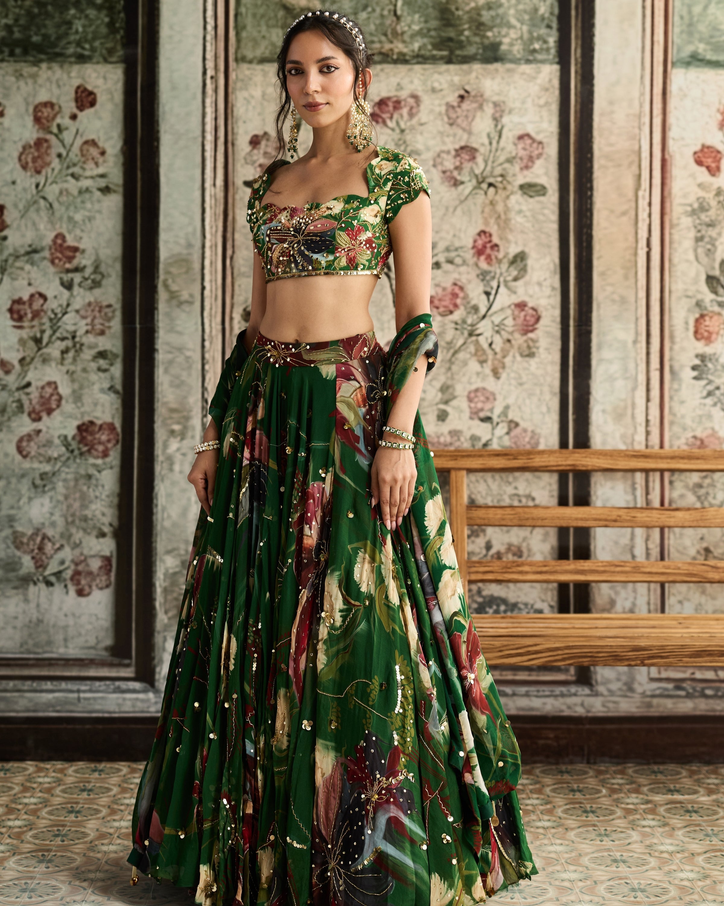 Green Floral Print And Highlighted Lehenga Set
