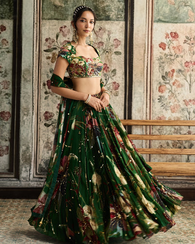 Green Floral Print And Highlighted Lehenga Set