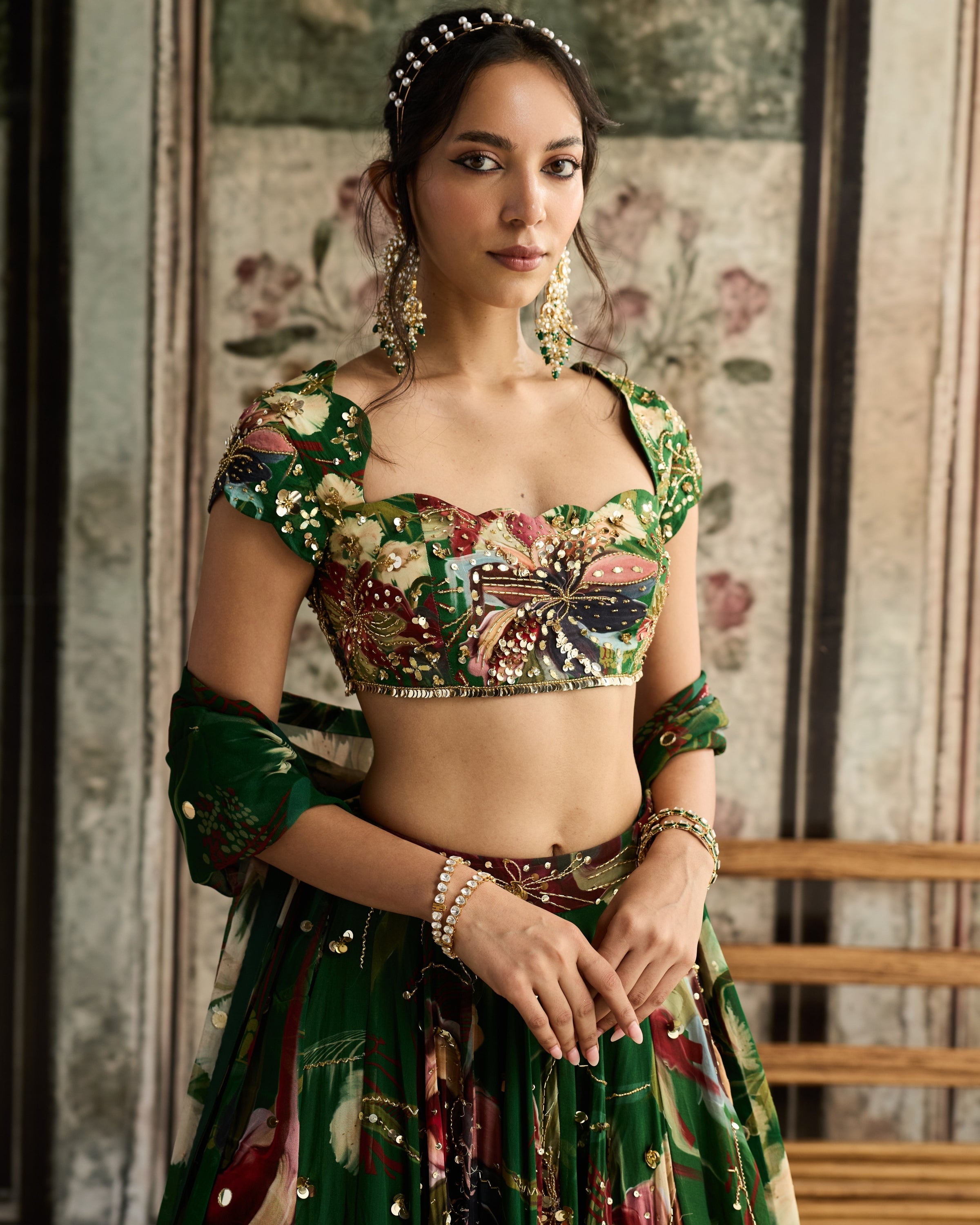 Green Floral Print And Highlighted Lehenga Set